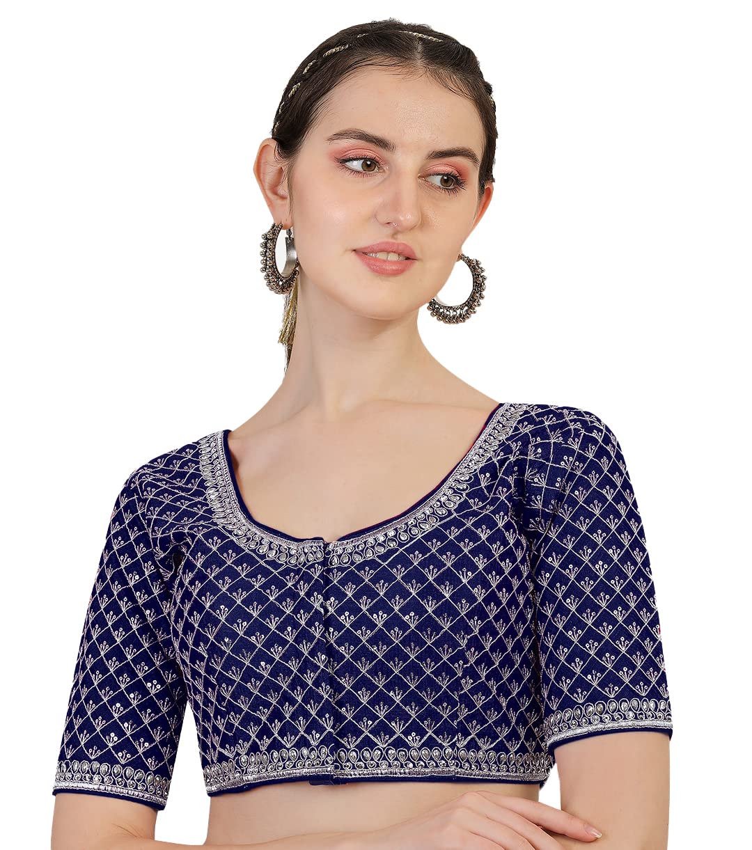 Pujia Mills Navy Blue Silk Blouse with Silver Jari Embroidery