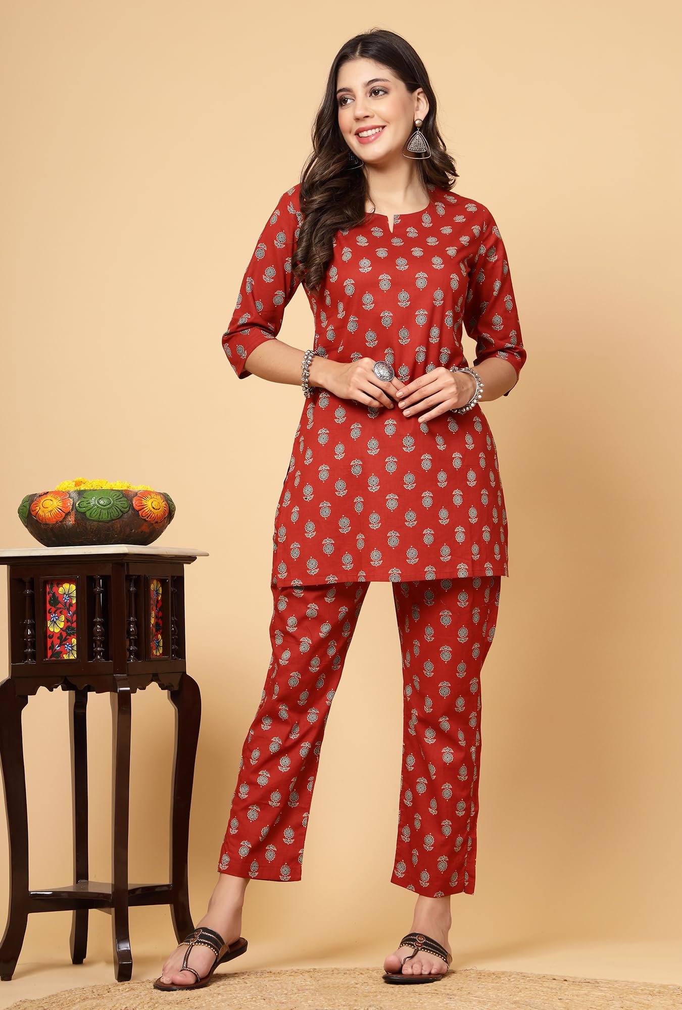 Pistaa Maroon Cotton Printed Night Suit for Women - Image 2