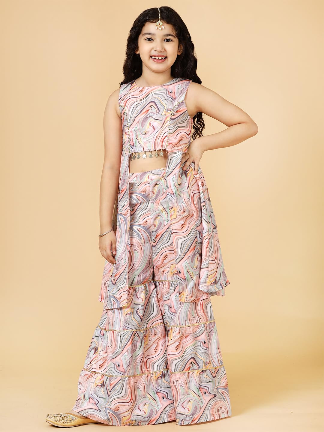 A.T.U.N. Girls Peach Printed Sharara Set with Lace - Image 2