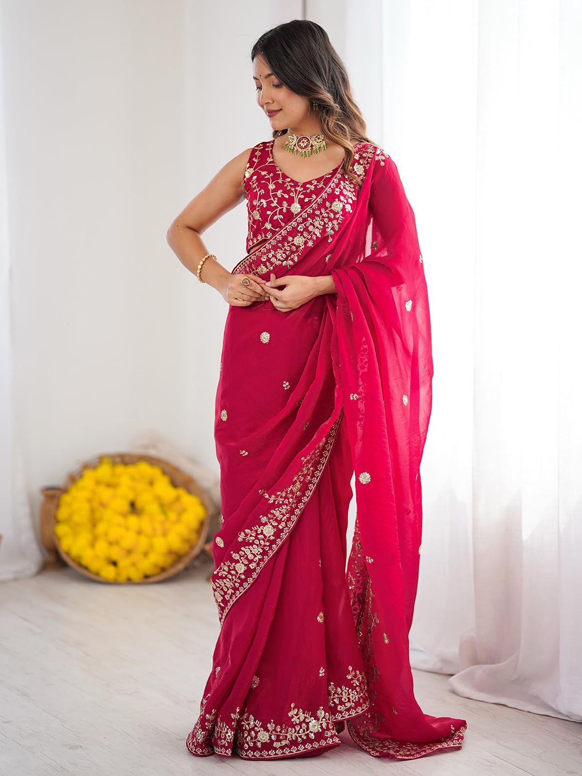 Satrani Women's Silk Sequins Embroidery Saree - Rani Pink - Image 3