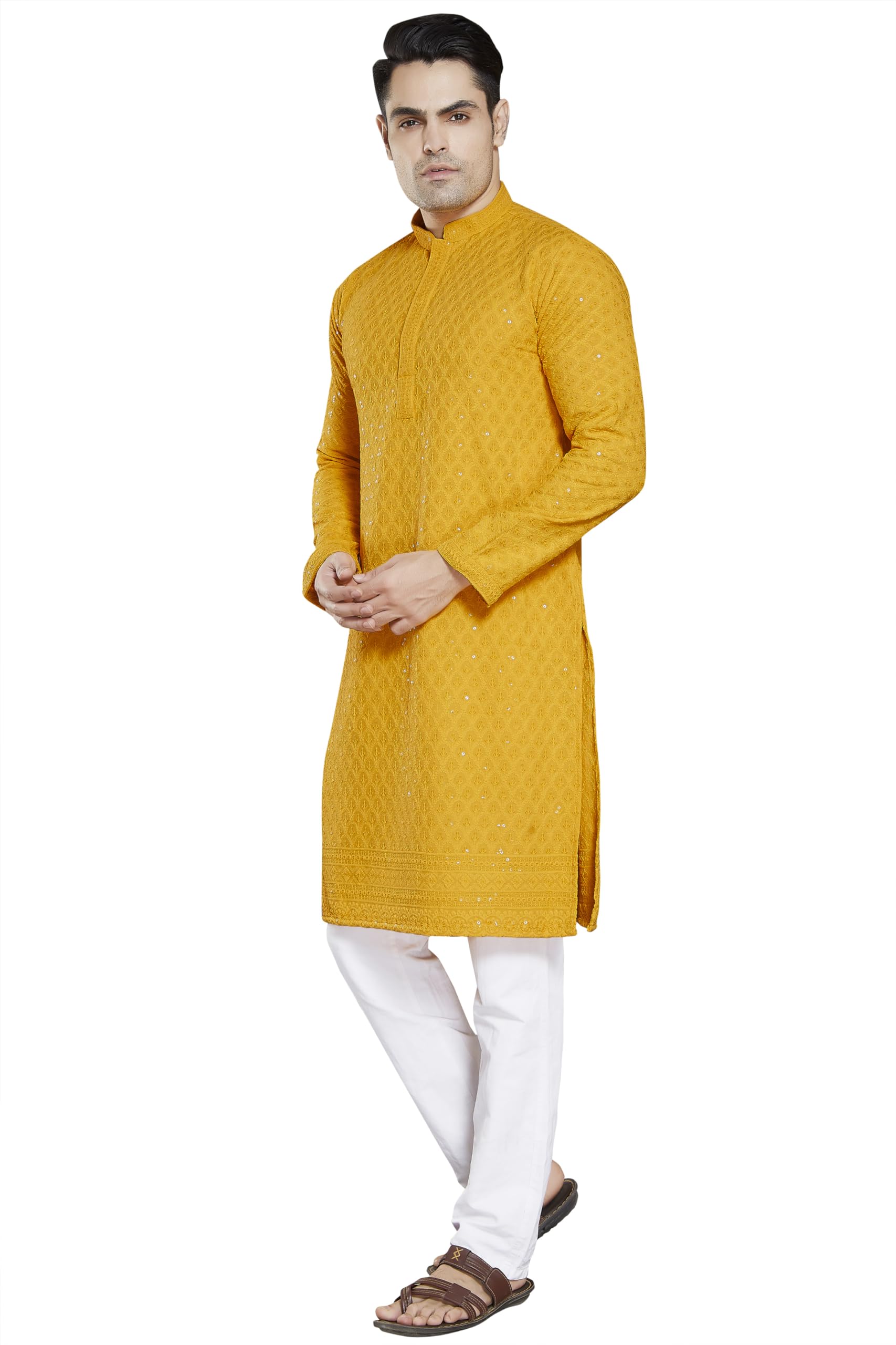 DIVISIVE Men's Sequince Embroidered Kurta - Yellow - Image 3