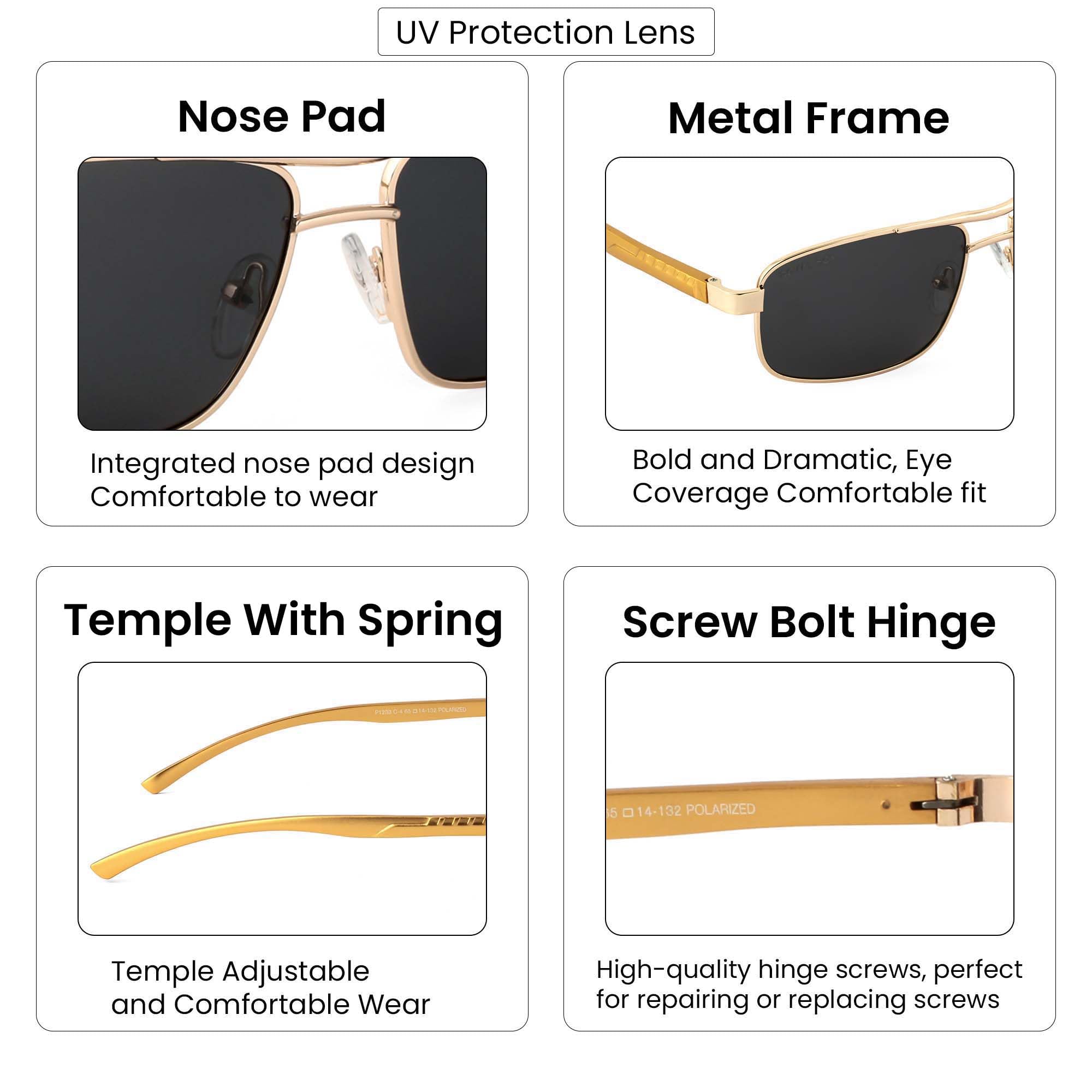 ROYAL SON Men Retro Rectangle Polarized Sunglasses - Golden Frame Black Lens - Image 4