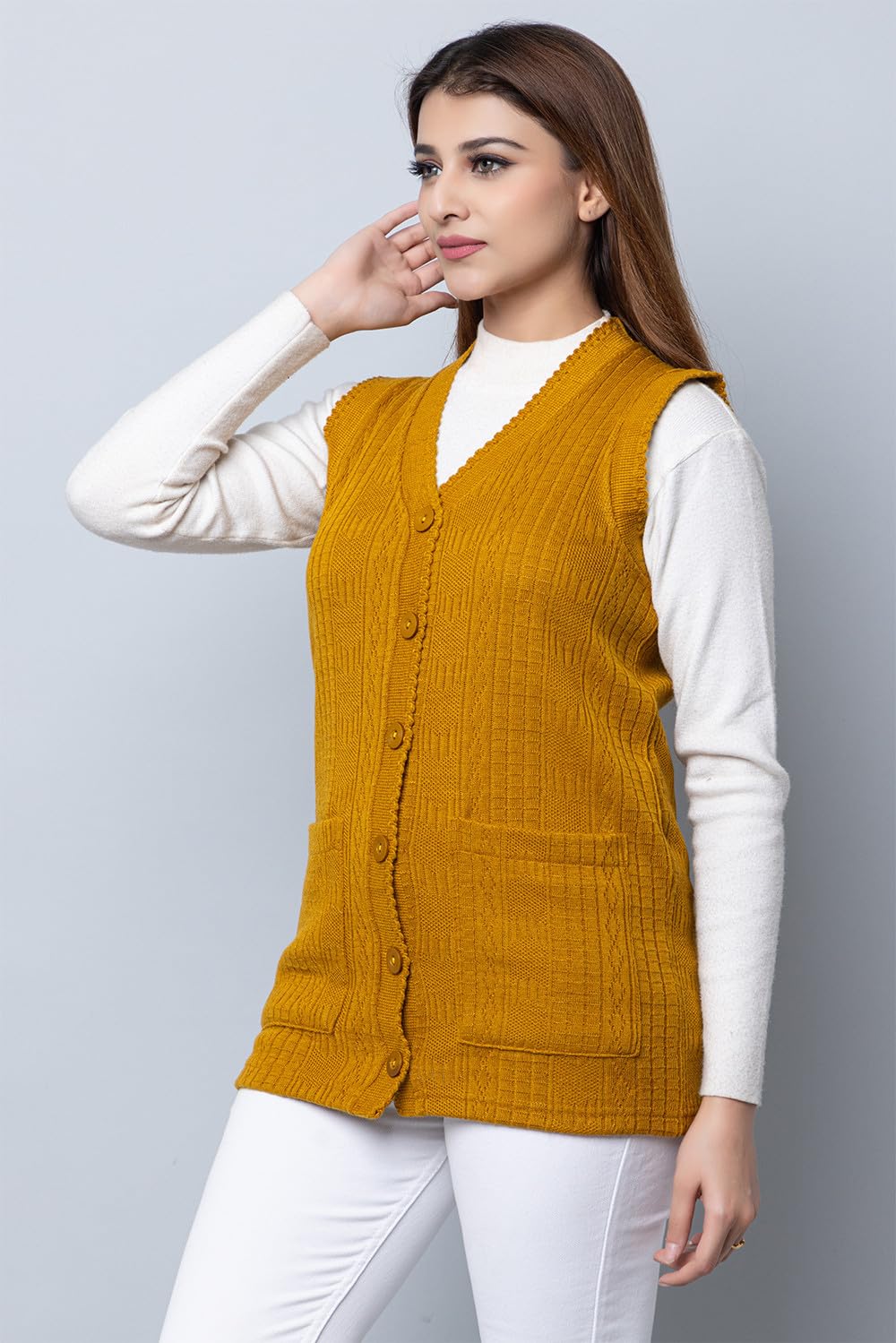 HIFZAA Women's Wool Sleeveless Sweater - Gold - Image 2