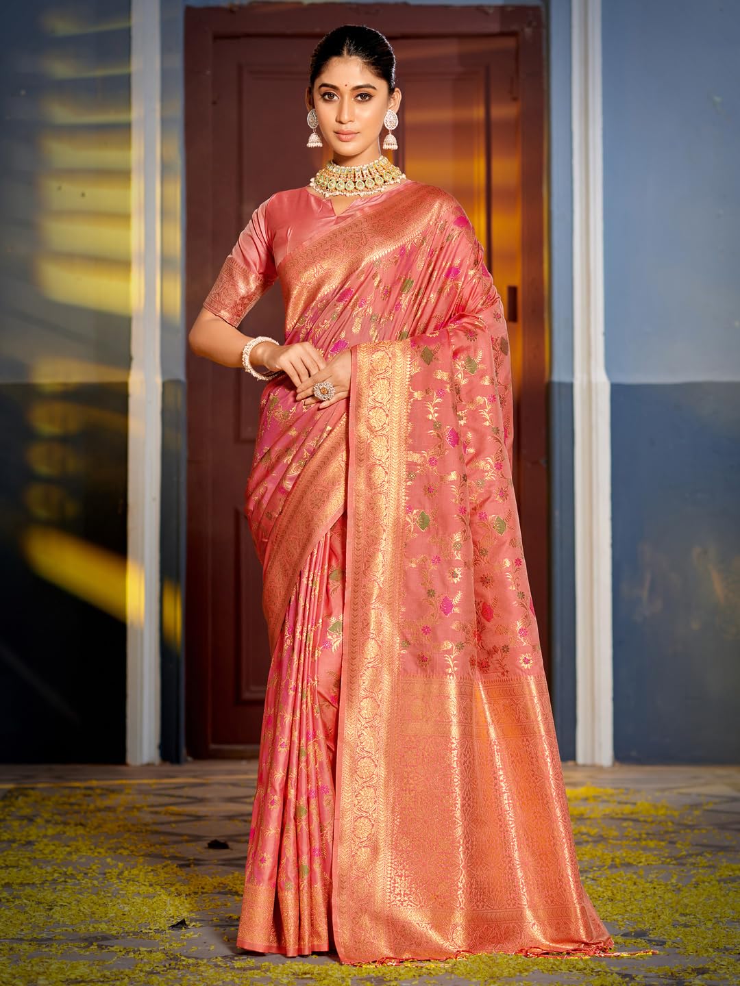 Astita Banarasi Silk Saree - Peach Golden Zari - Image 2