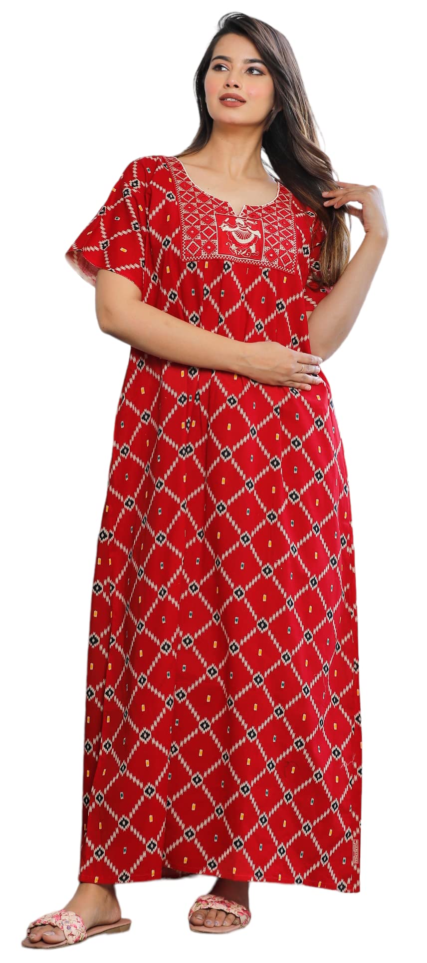G4Girl Cotton Embroidery Nighty for Women - Red