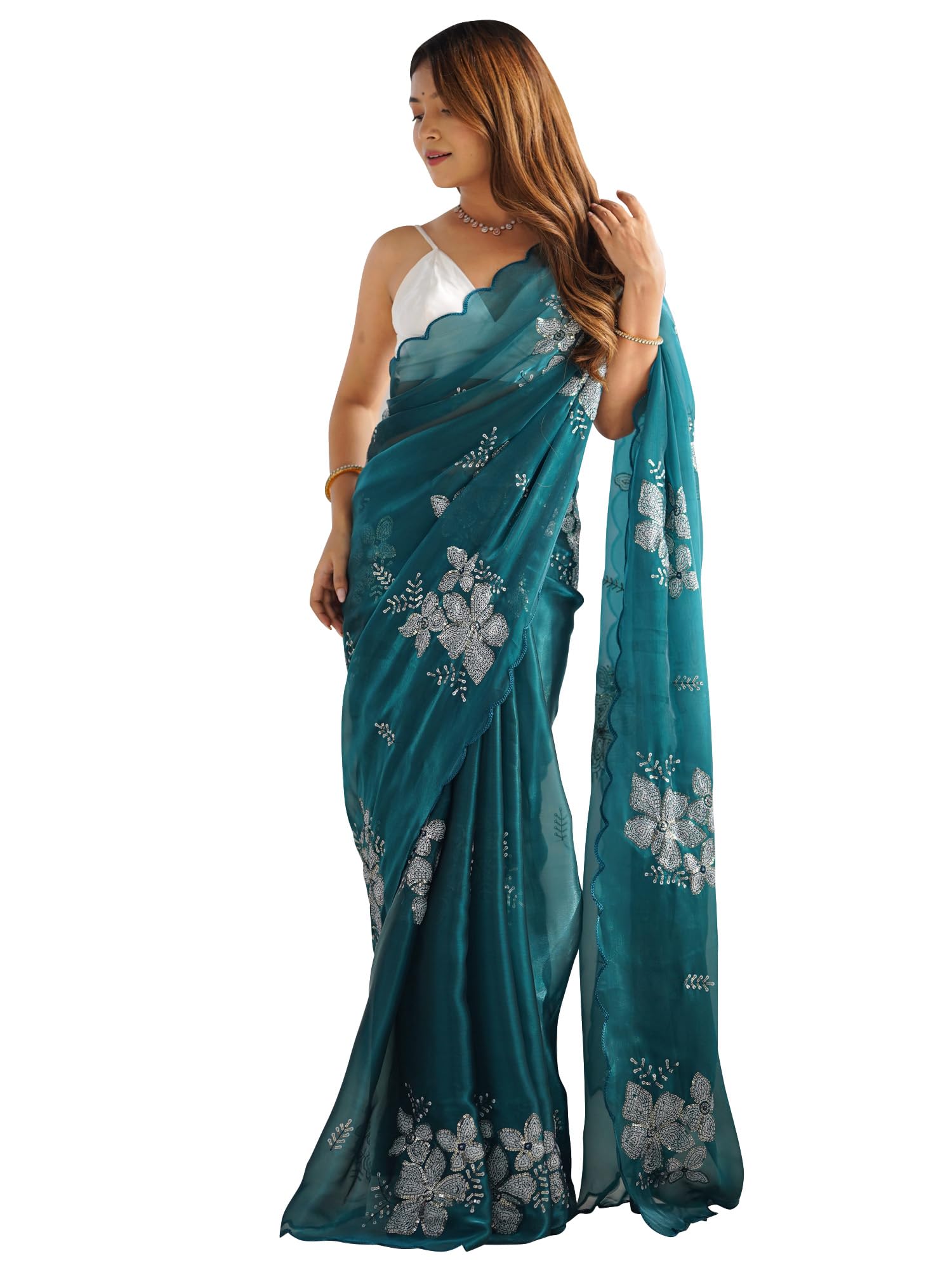 AKHILAM Women's Teal Blue Shimmer Organza Saree