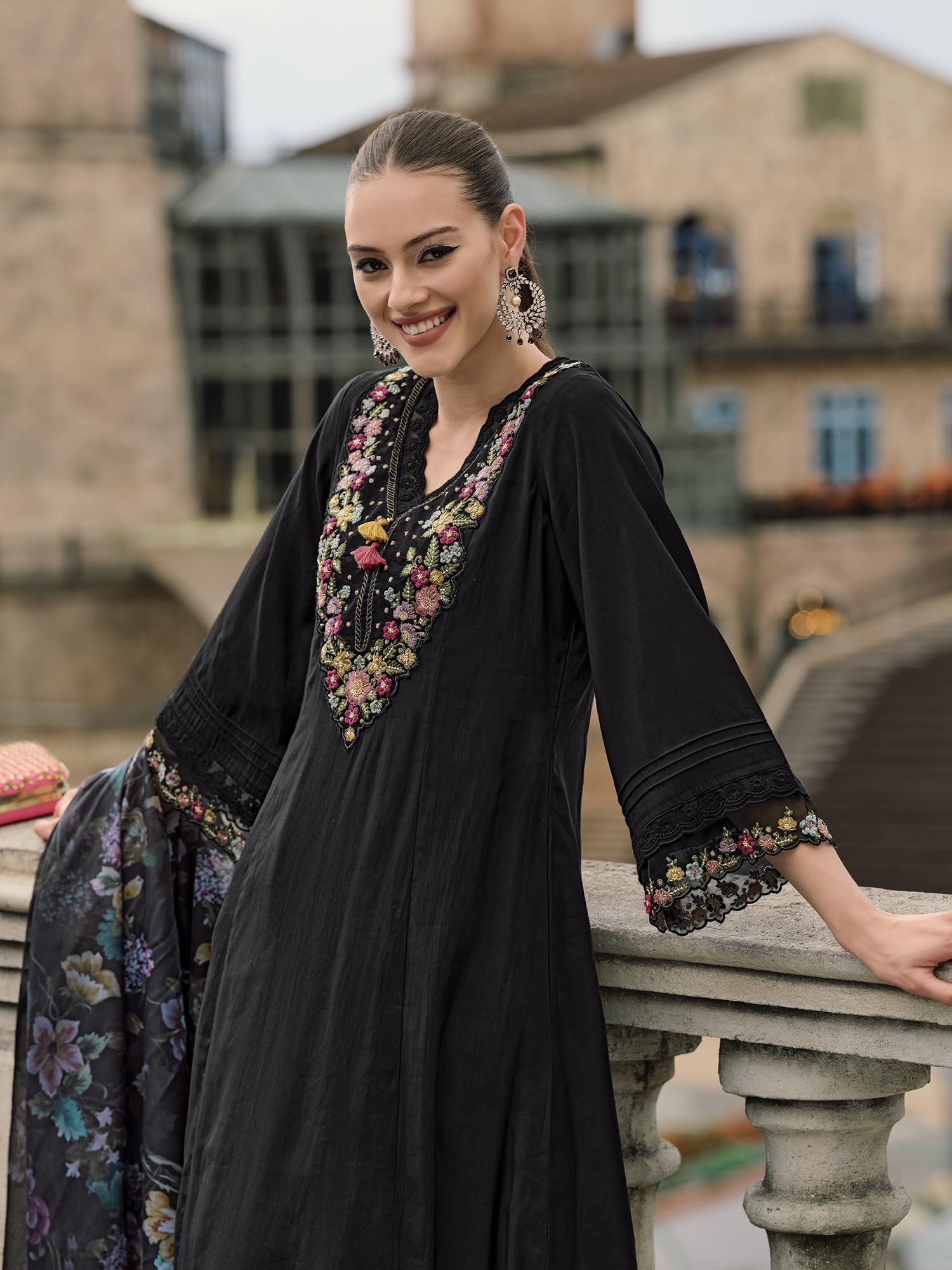 INDO ERA Women's Black Embroidered Kurta Set - Image 5