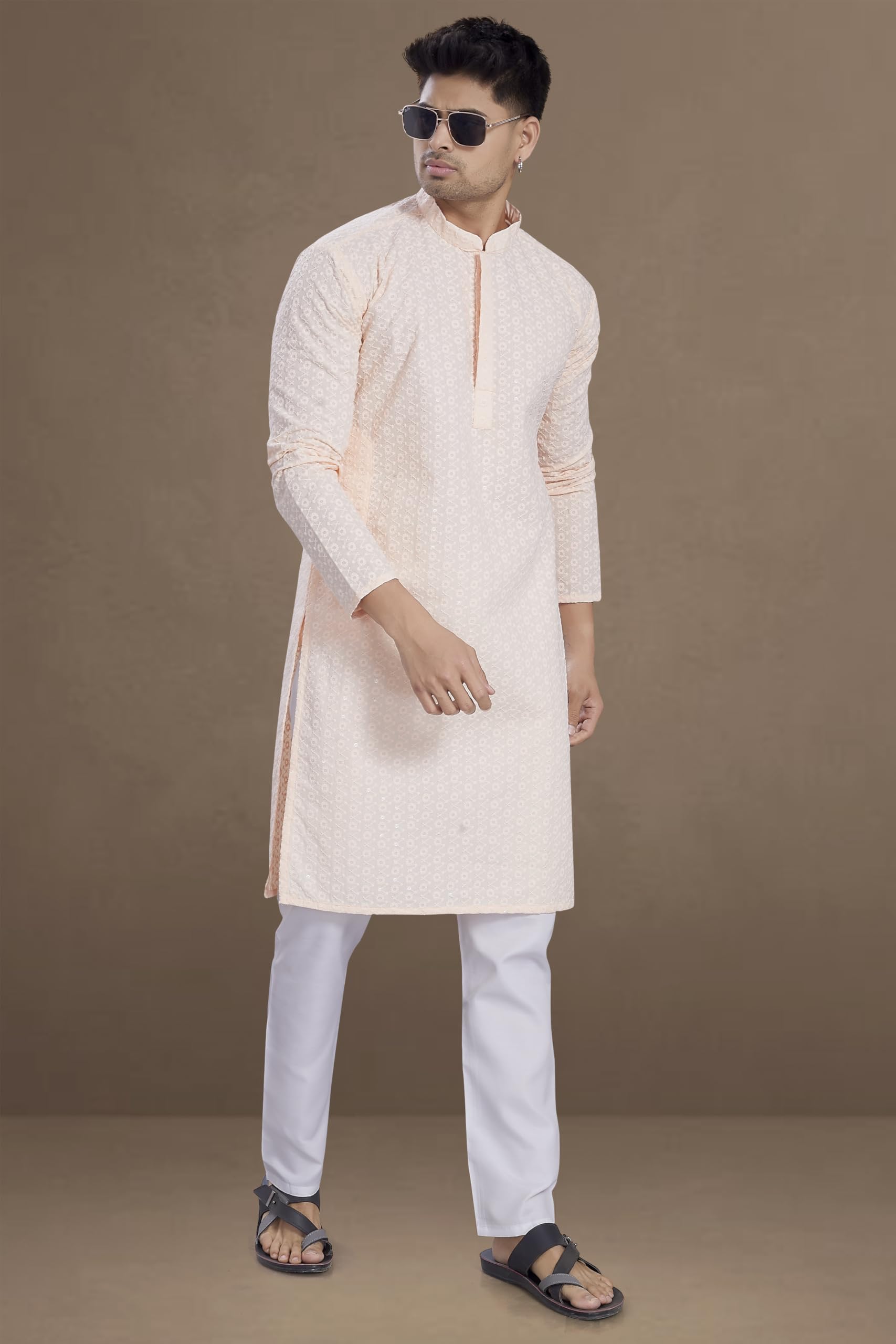 DIVISIVE Men's Sequince Embroidered Kurta - Peach - Image 3