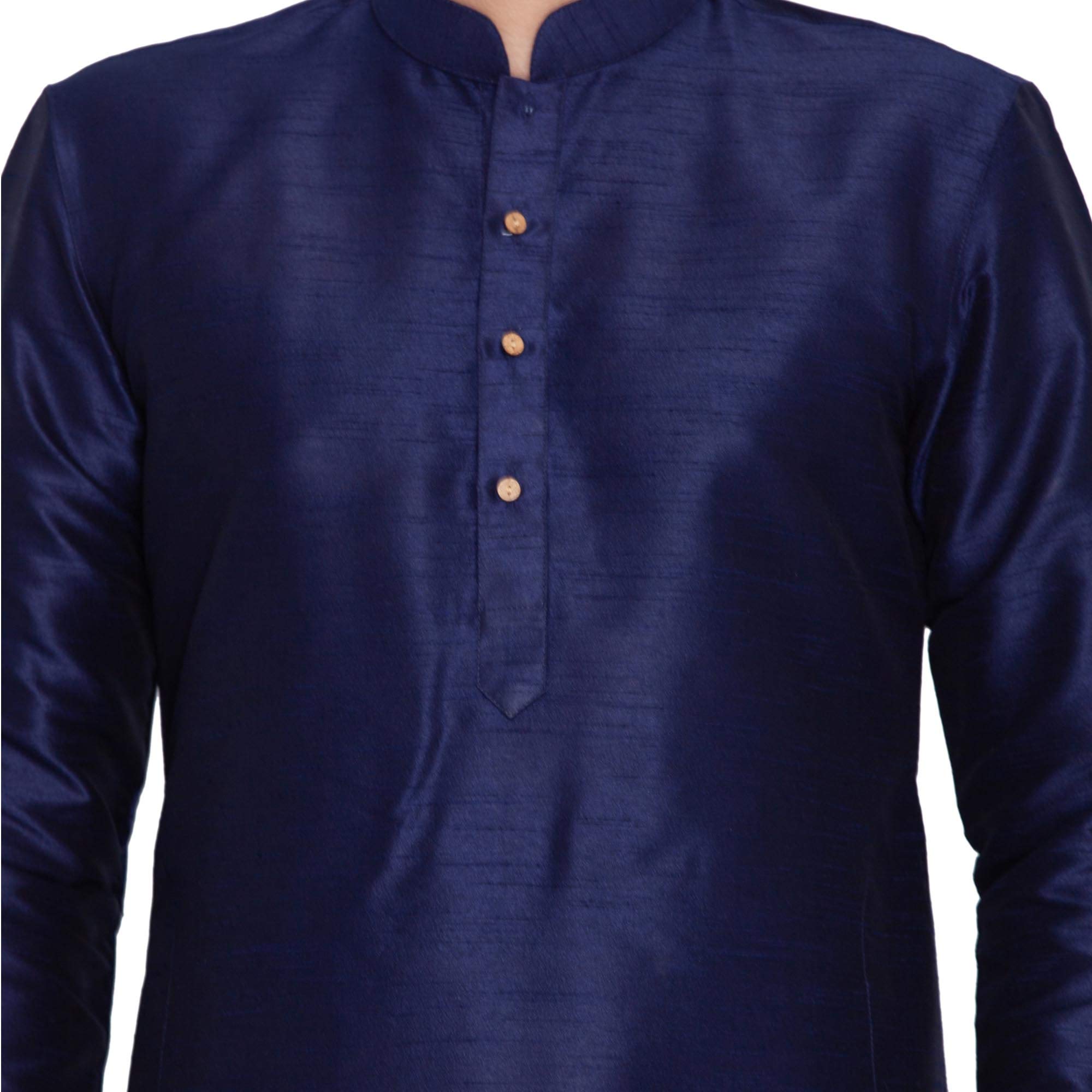 VASTRAMAY Men Blue Cotton Silk Kurta Pyjama Set - Image 4
