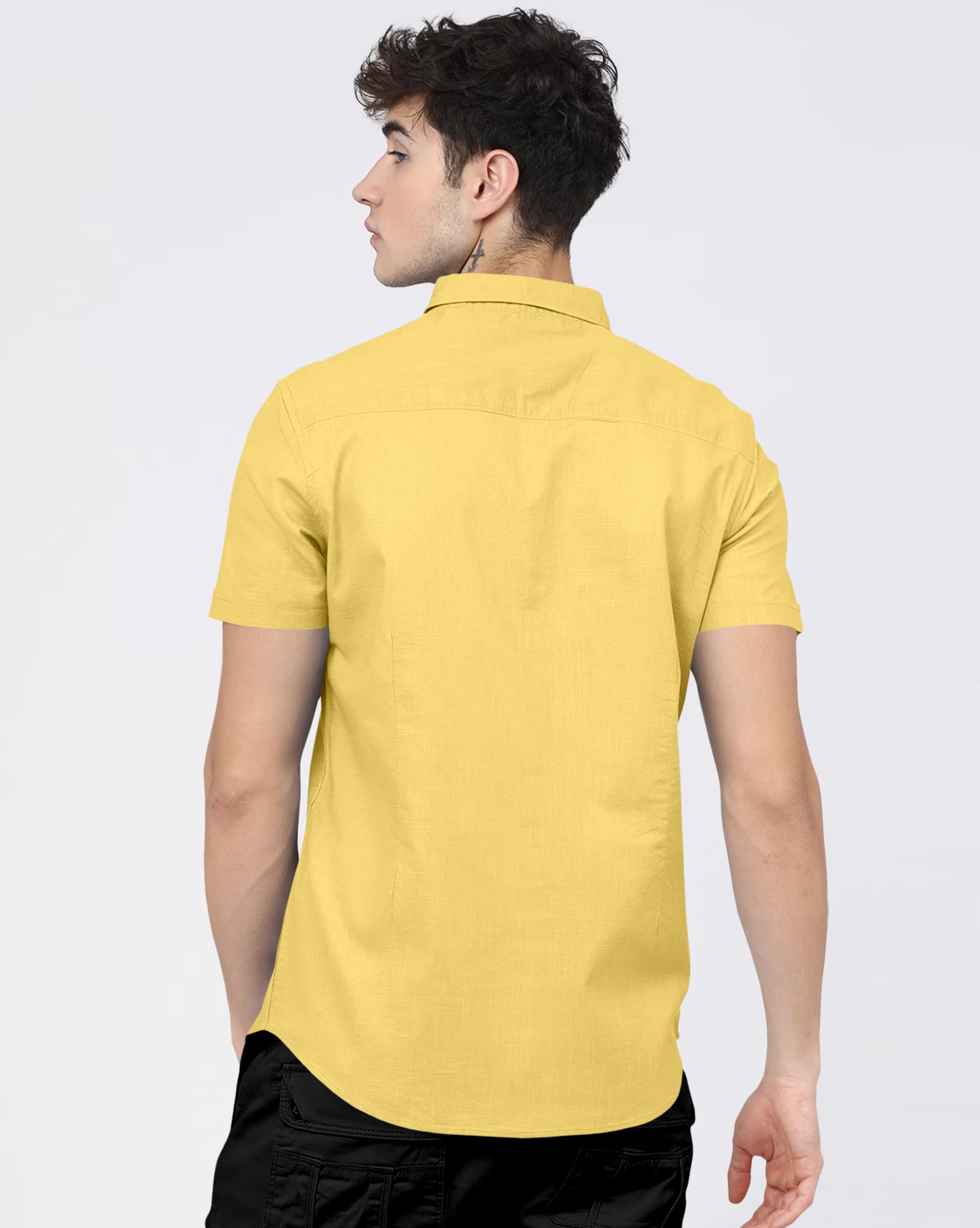 BRUCEWANE Men Cotton Half Sleeve Shirt - Lemon Yellow - Image 4