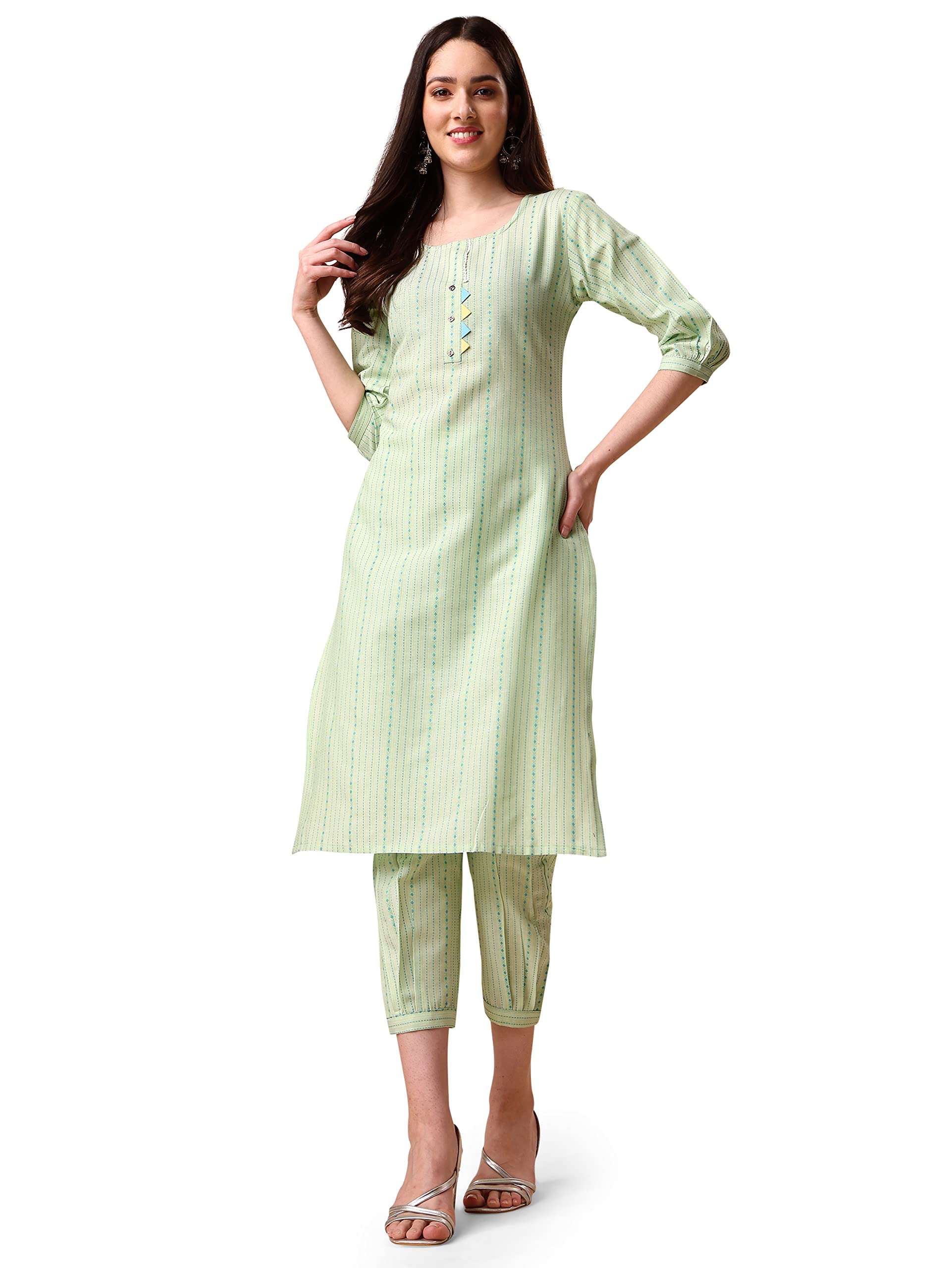 Kurta Pant Set for Women - Light Green Striped Cotton