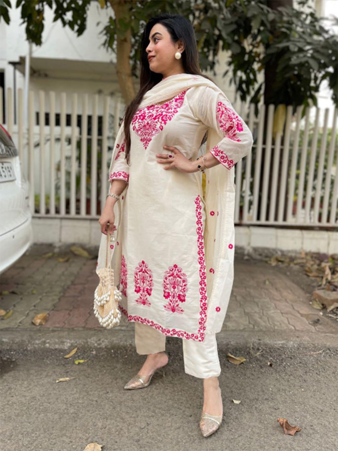 GoSriKi Women's Embroidered Kurta with Pant & Dupatta - Cream - Image 4