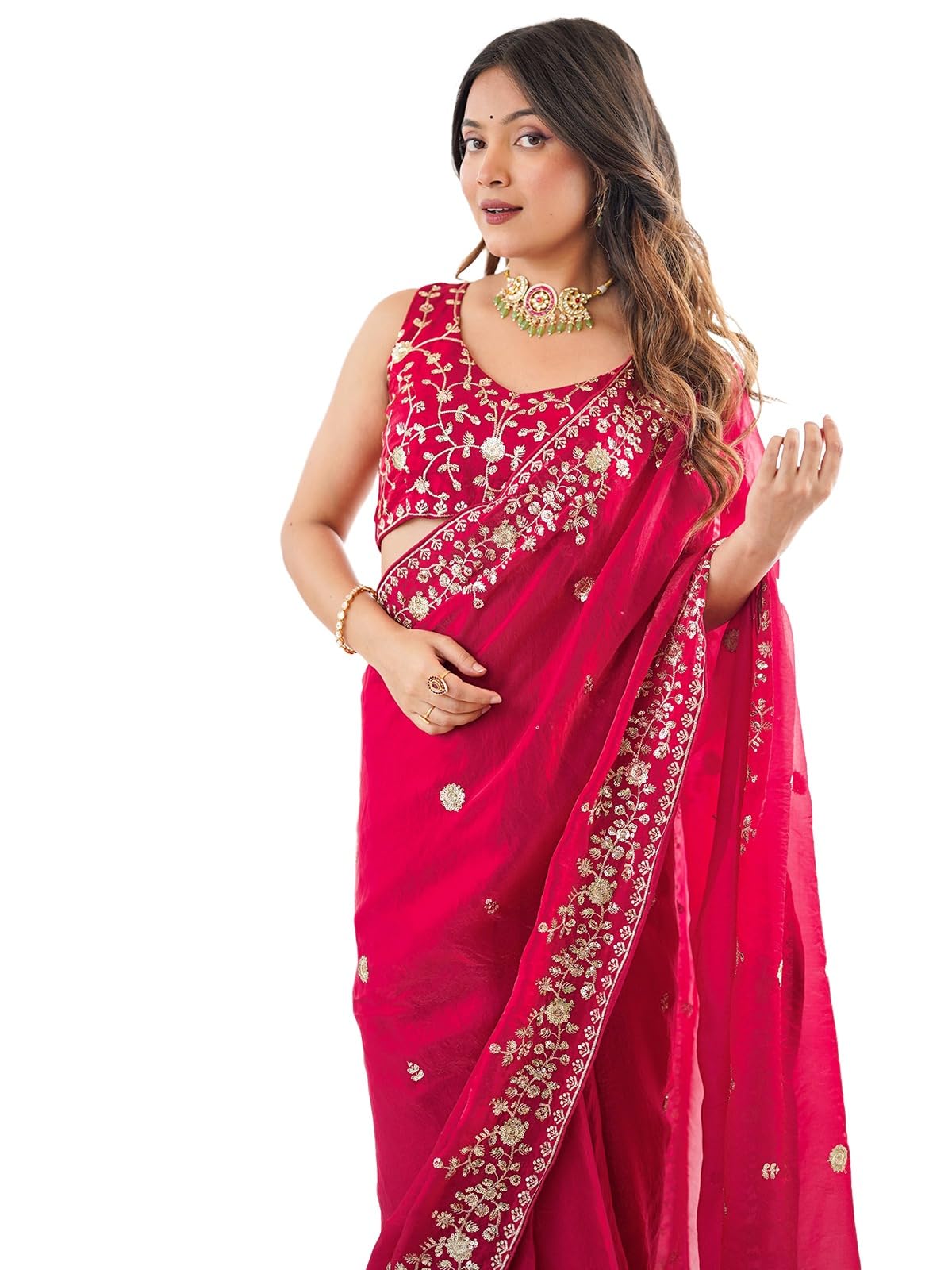 Satrani Women's Silk Sequins Embroidery Saree - Rani Pink