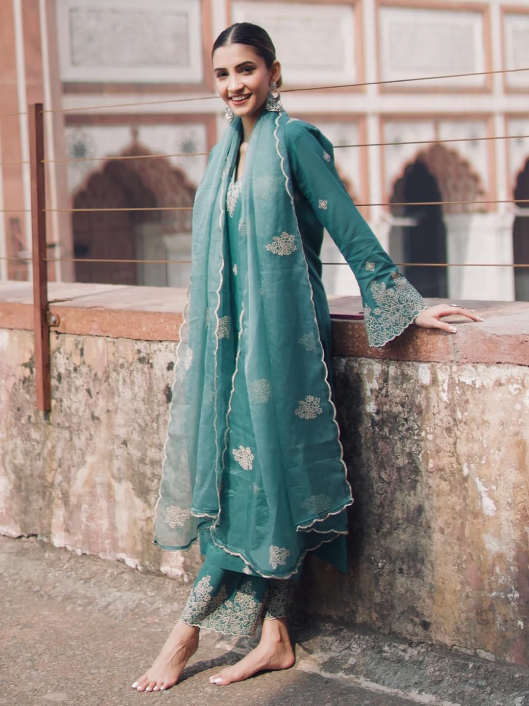 Royal Export Women's Viscose Silk Floral Embroidered Kurta Pant - Pine Green - Image 4