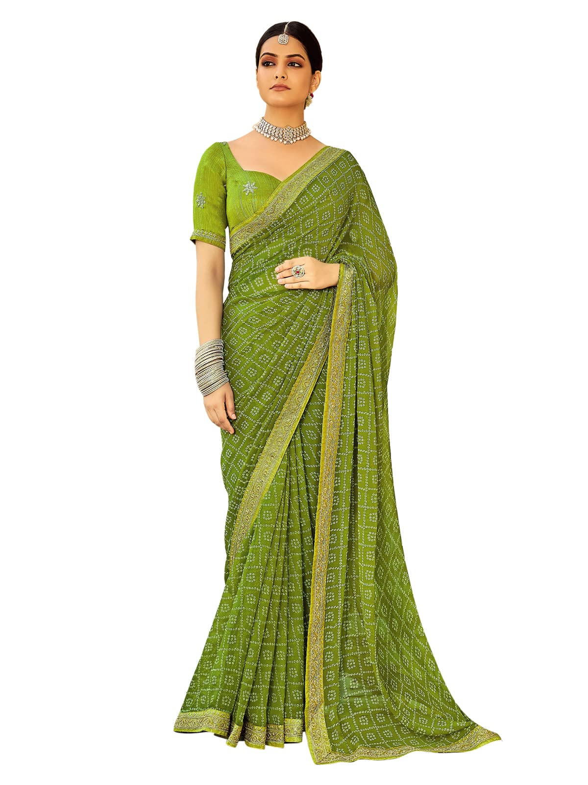 Olive Green Georgette Bandhani Saree with Lace Embroidery