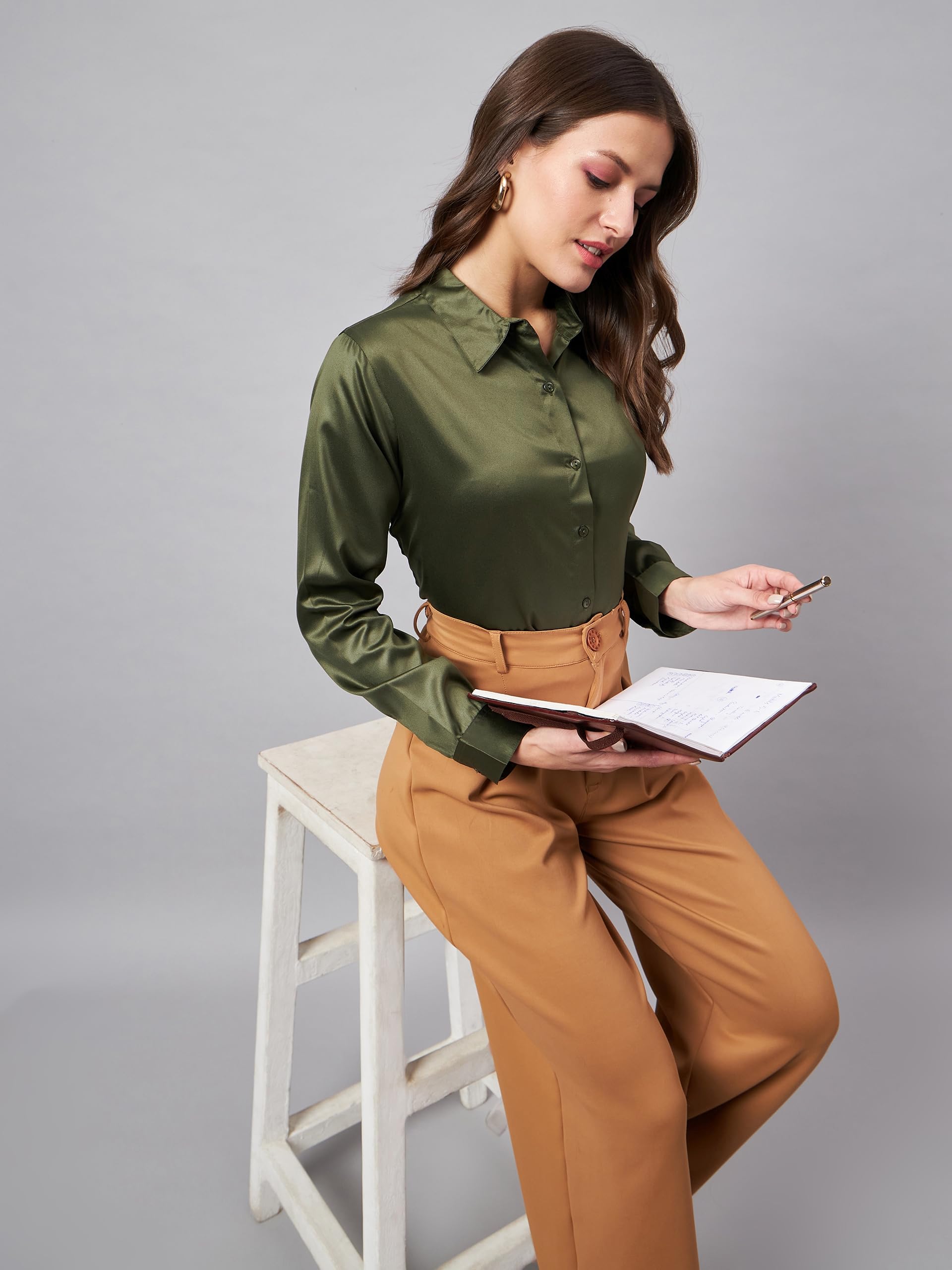 Style Quotient Women Olive Satin Formal Shirt - Image 2
