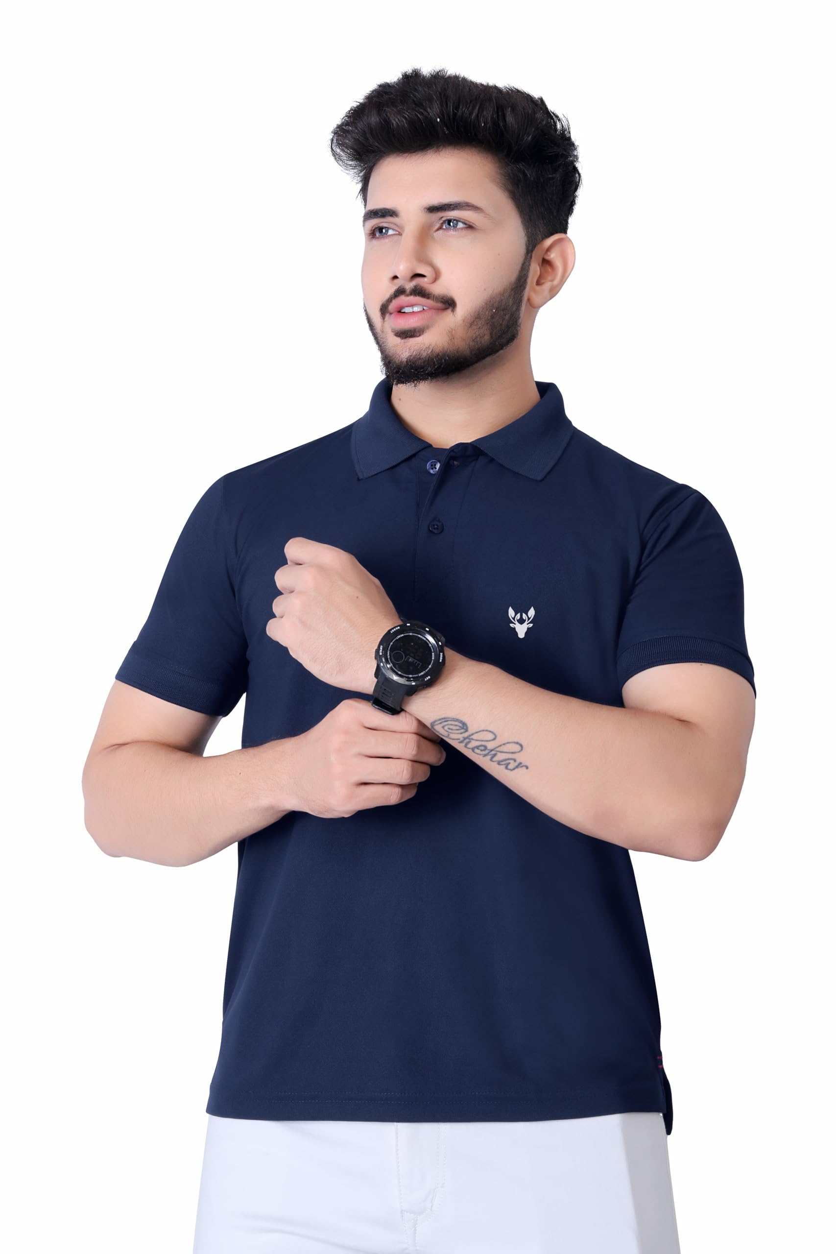 DEE LEAF Men Navy Blue Polo Neck T-Shirt