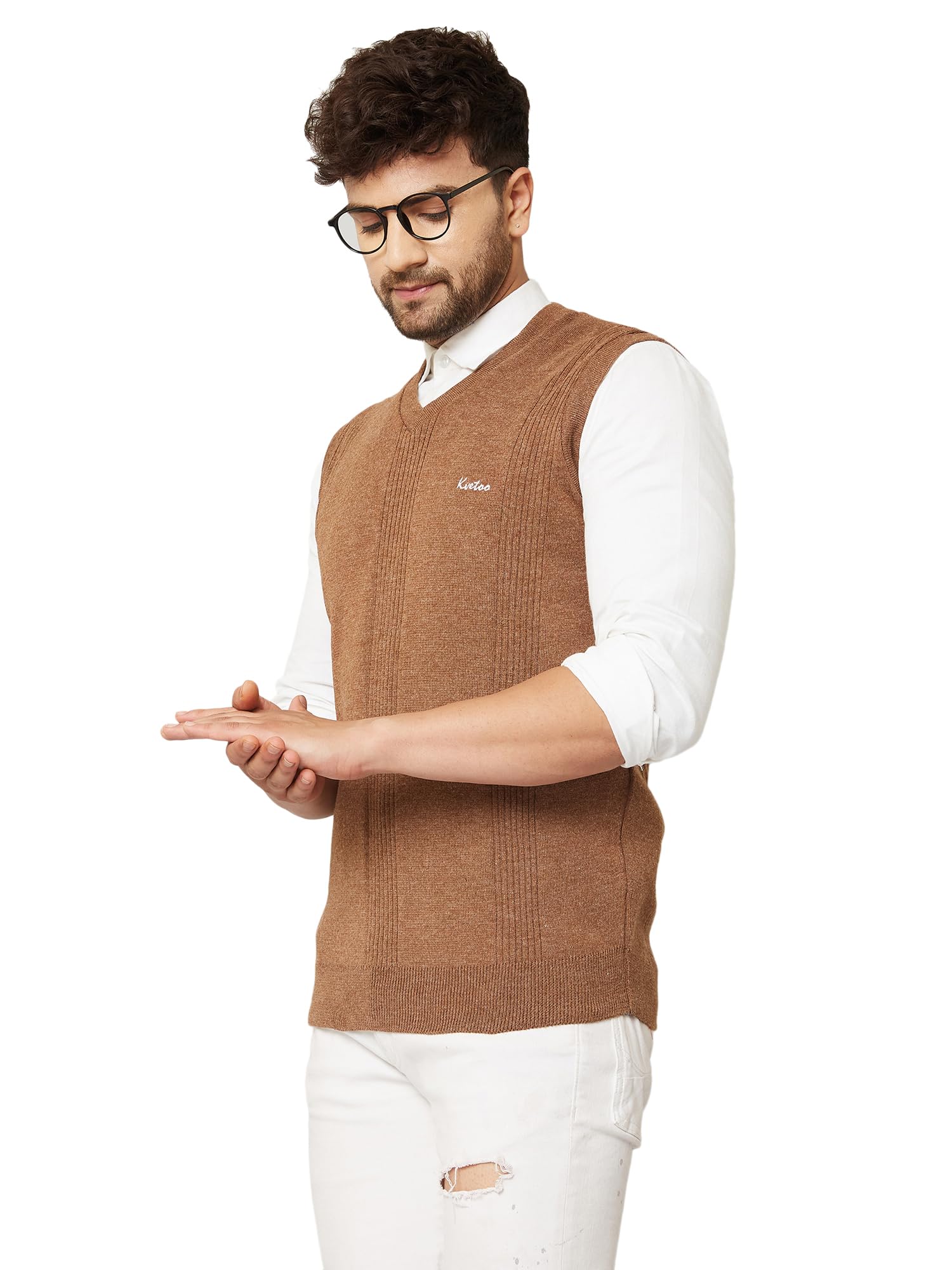 Kvetoo V Neck Sleeveless Wool Sweater for Men - Coffee - Image 4