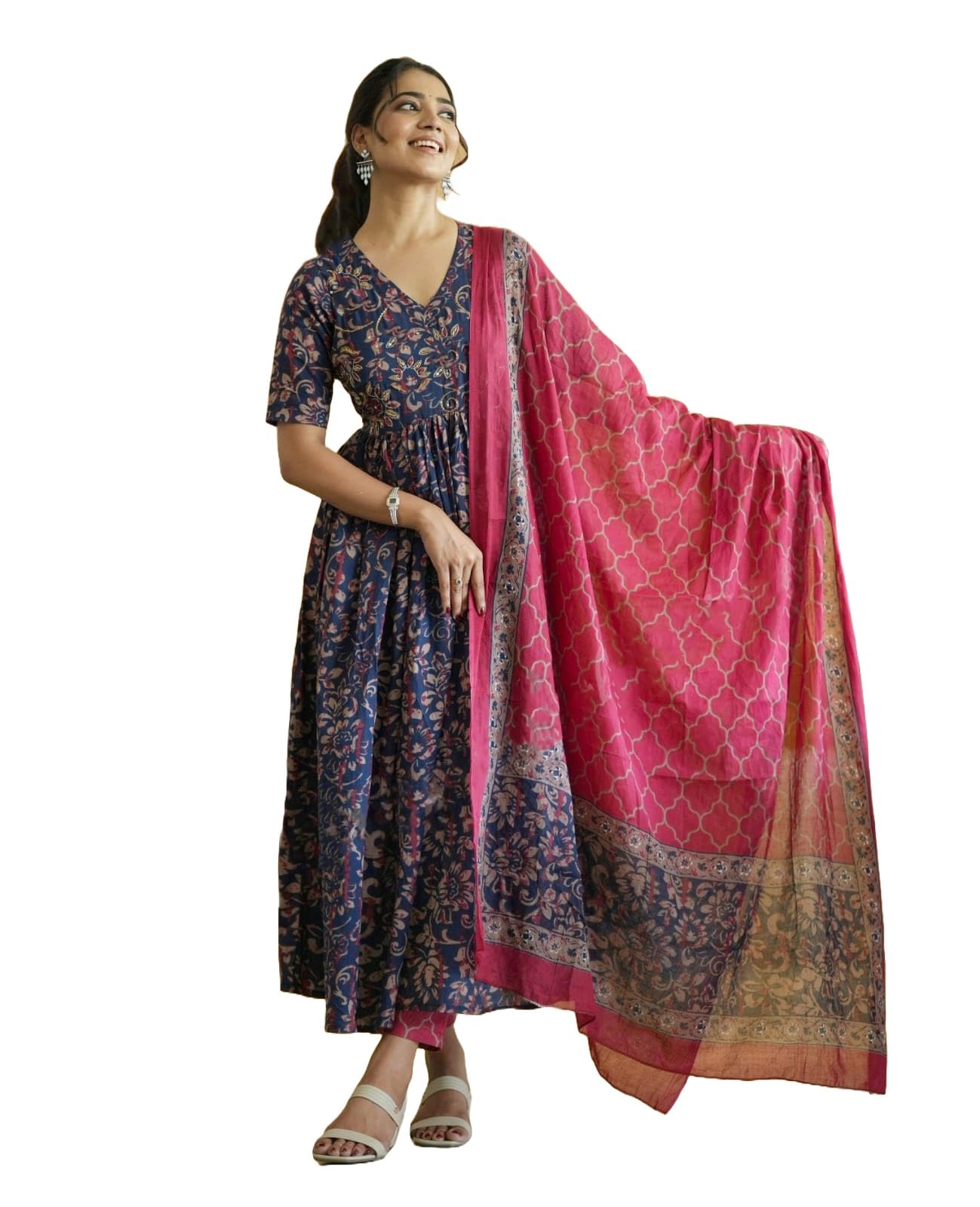 Nermosa Women's Viscose Printed Anarkali Kurta - Blue