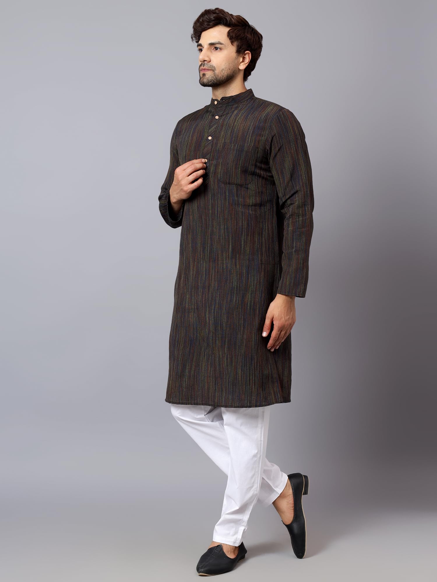 GarbGlide Men Cotton Long Kurta - Black - Image 3