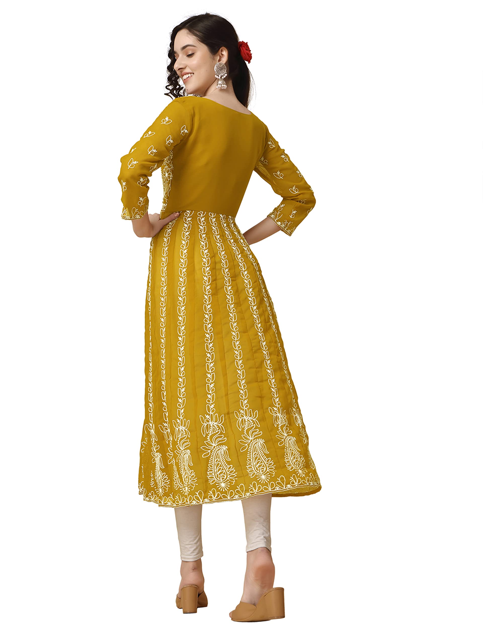 EthnicJunction Women Georgette Chikankari Embroidered Anarkali Kurta - Mustard - Image 4