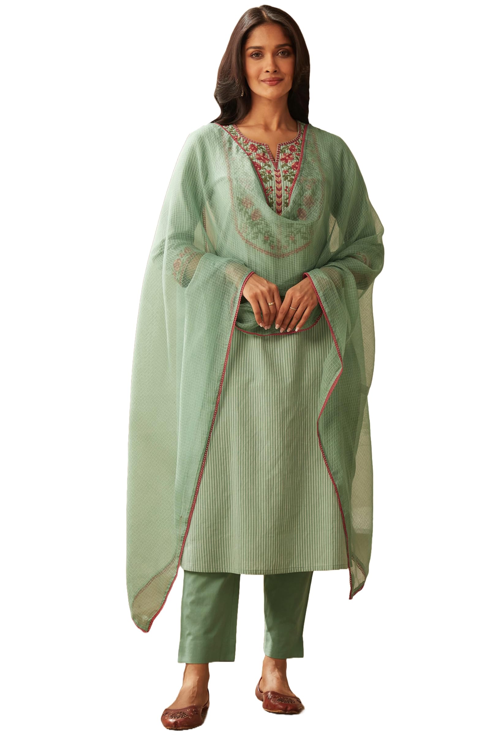 GoSriKi Women's Green Embroidered Kurta Set