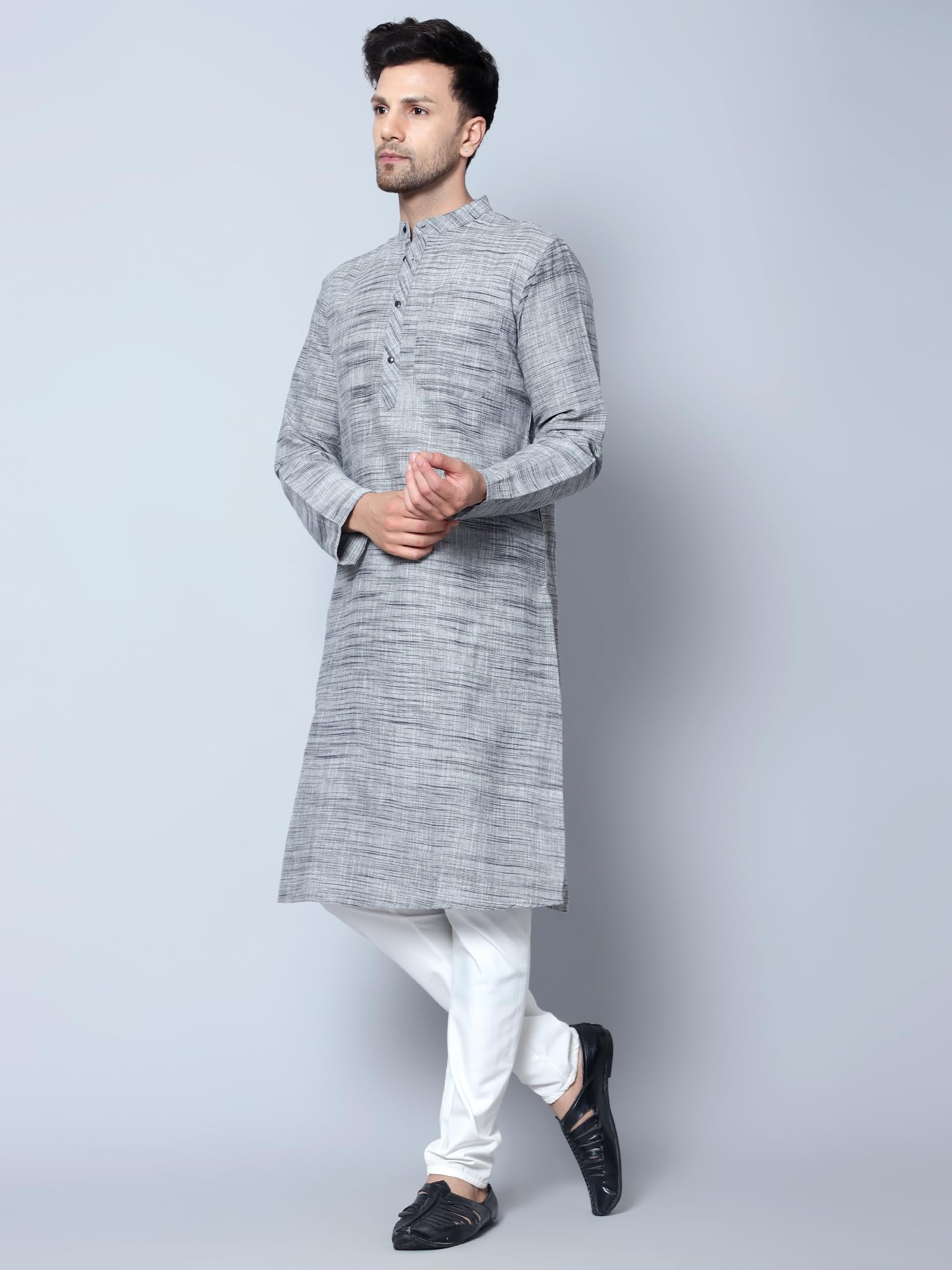 CHIKAN Men Cotton Kurta - Grey - Image 4