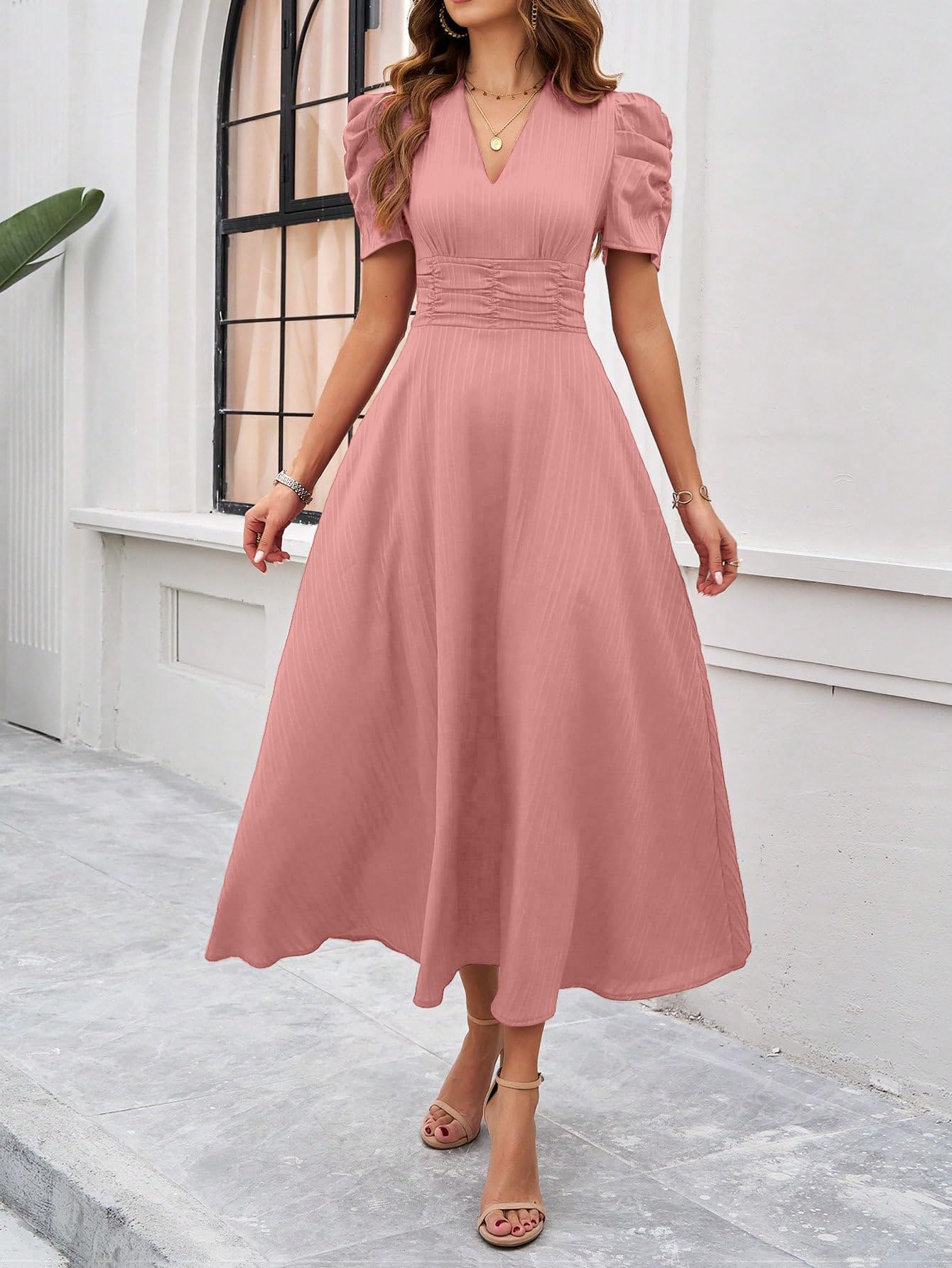 Peach V-Neck Maxi Dress for Women & Girls - Image 3