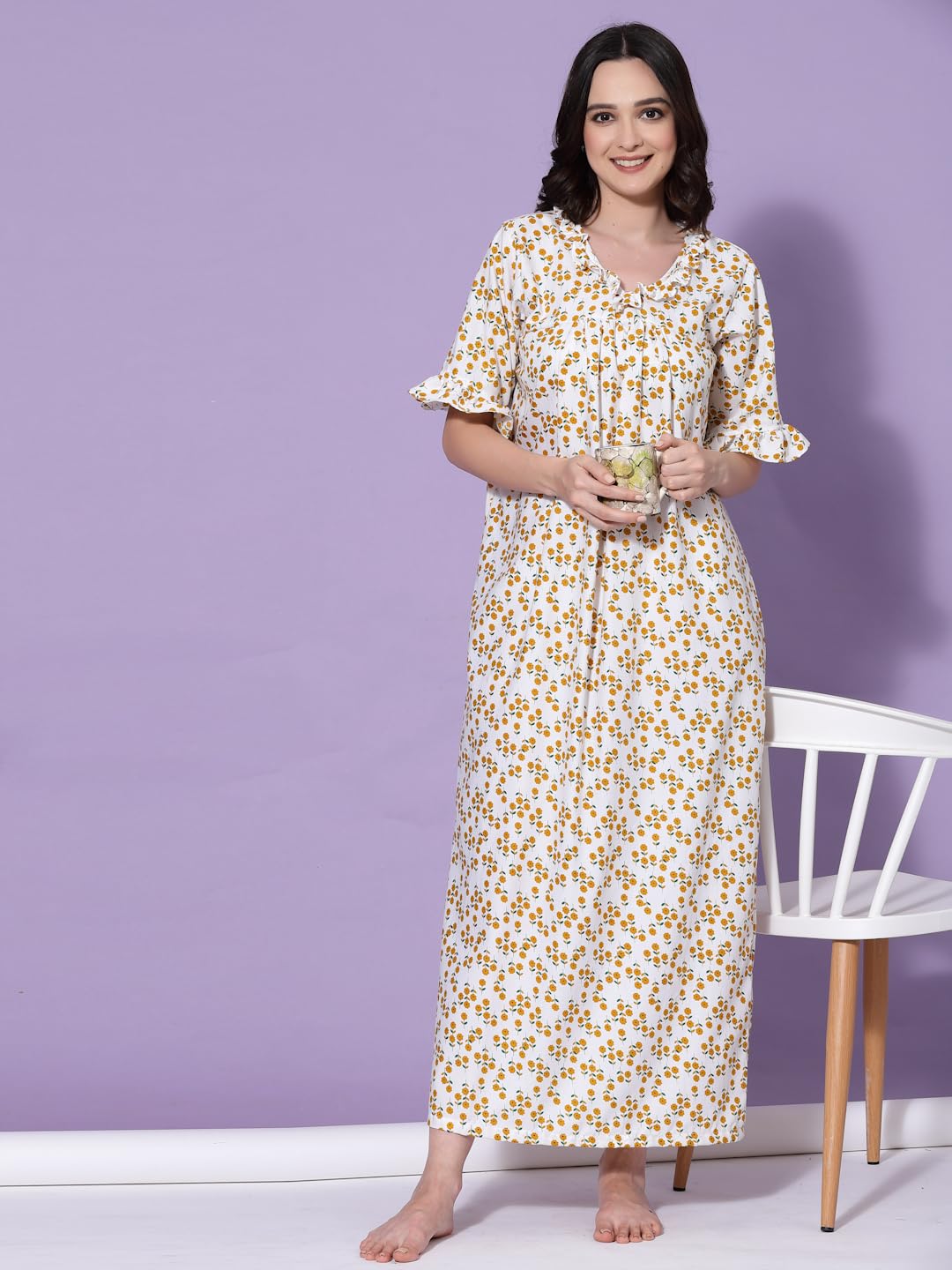 OOMPH! Yellow Floral Cotton Nighty for Women - Image 5