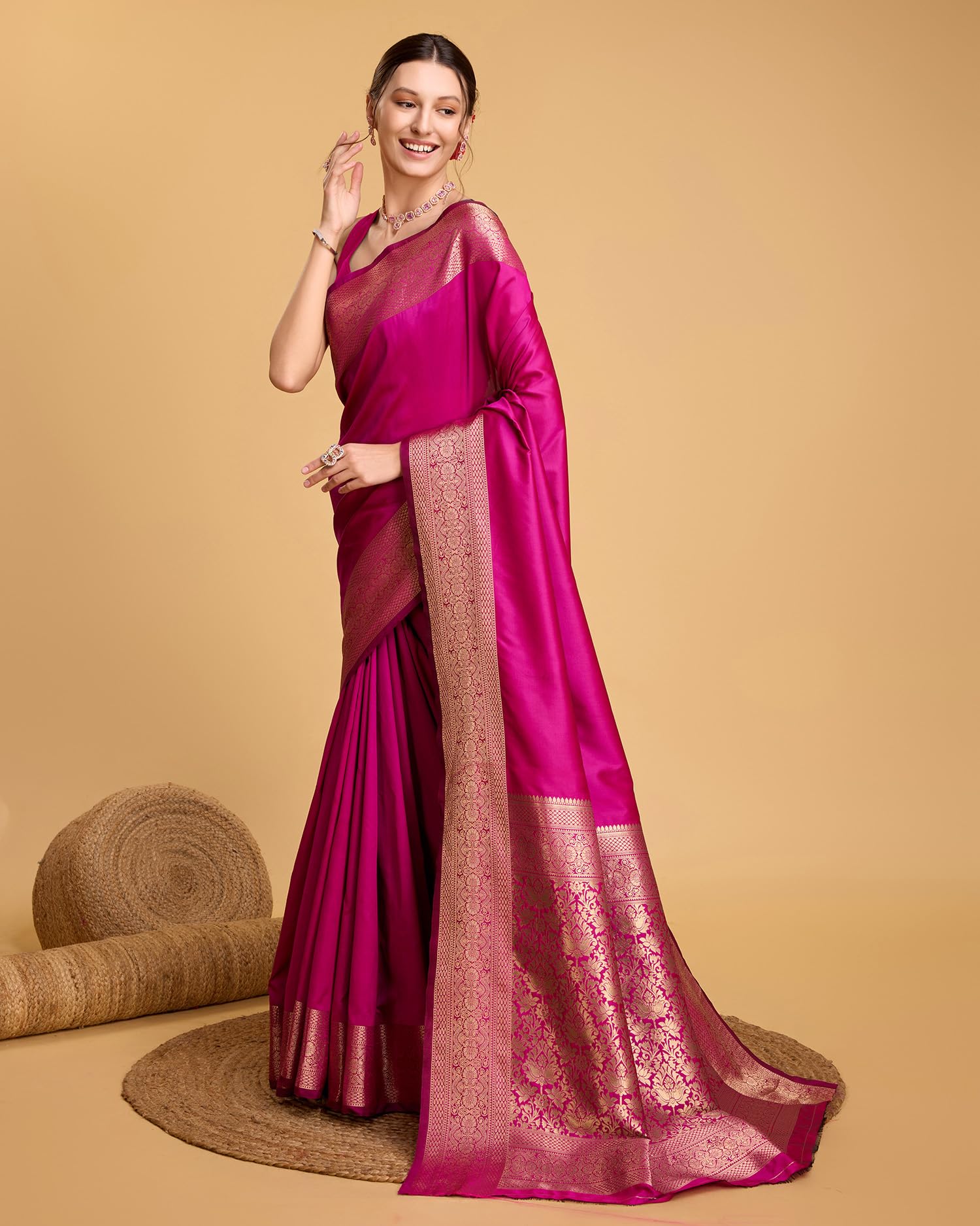 SWORNOF Women's Kanjivaram Saree - Dark Pink - Image 3