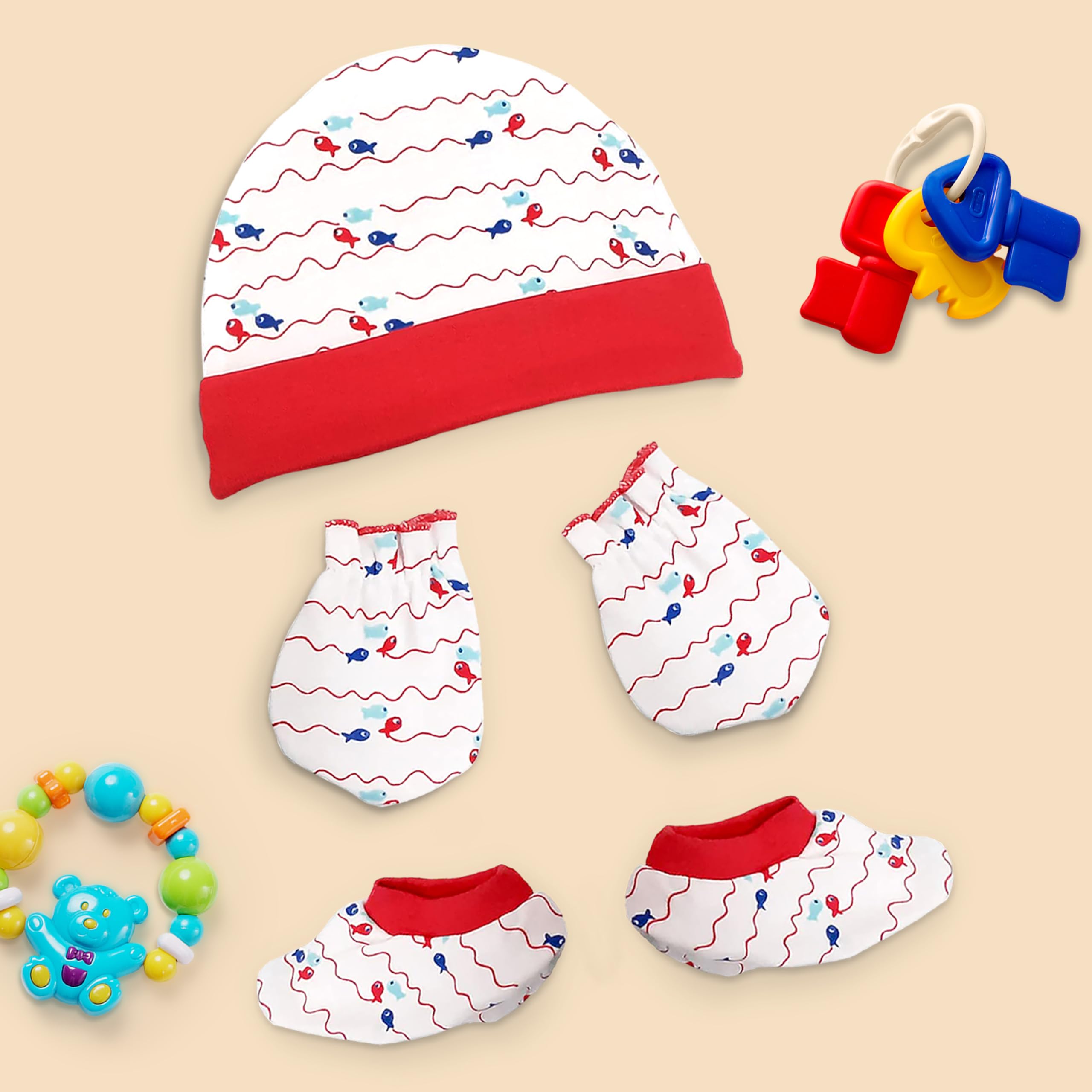LuvLap Multicolour Mittens Booties & Caps Set for Newborn - Image 3