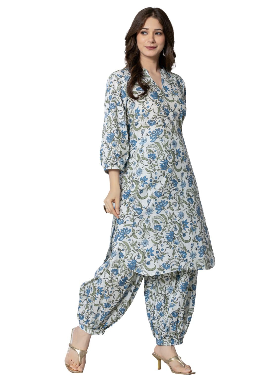 rytras Women's Cotton Printed Kurta Set with Palazzo - Blue - Image 3