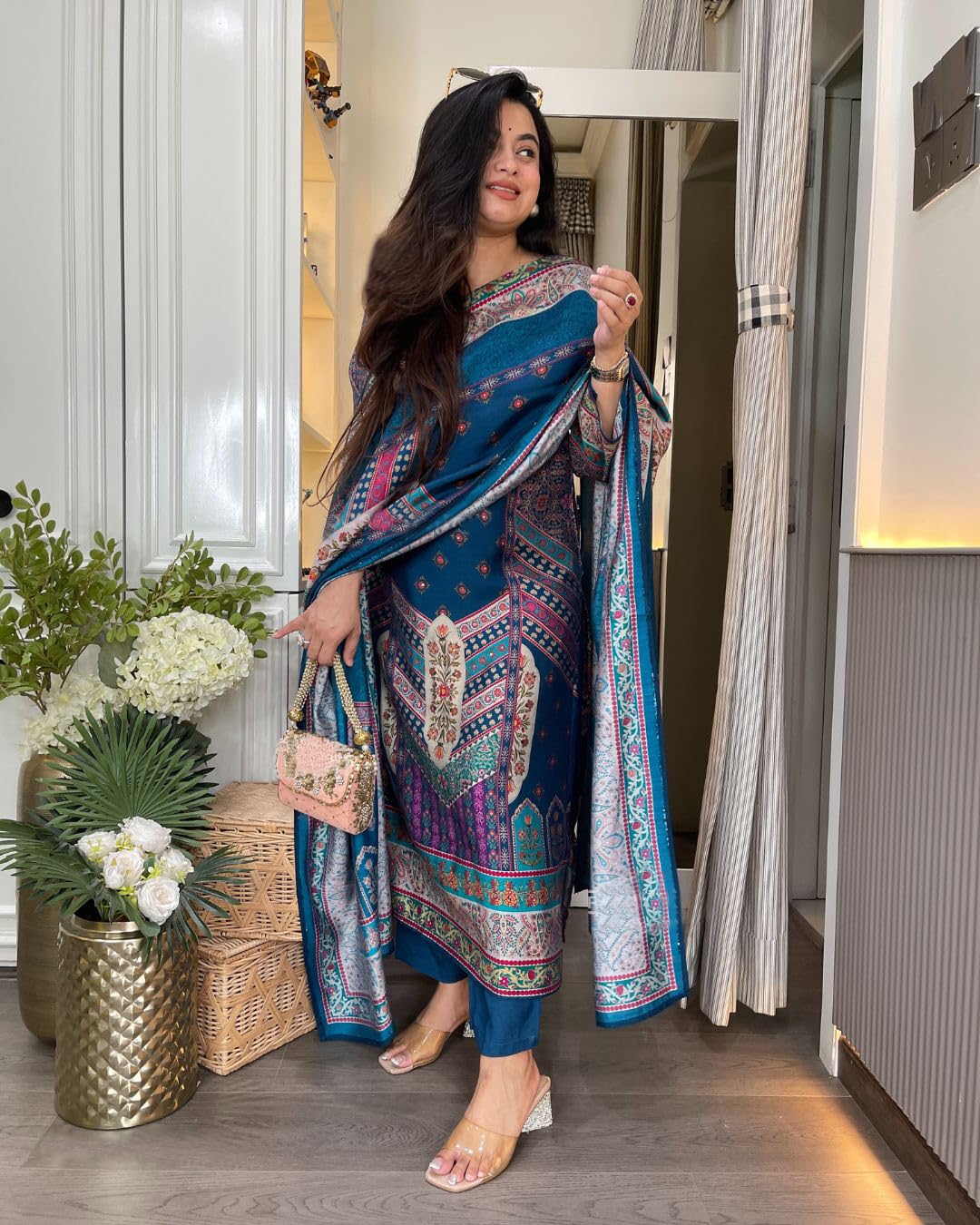 GoSriKi Blue Rayon Viscose Kurta Pant Set for Women - Image 3