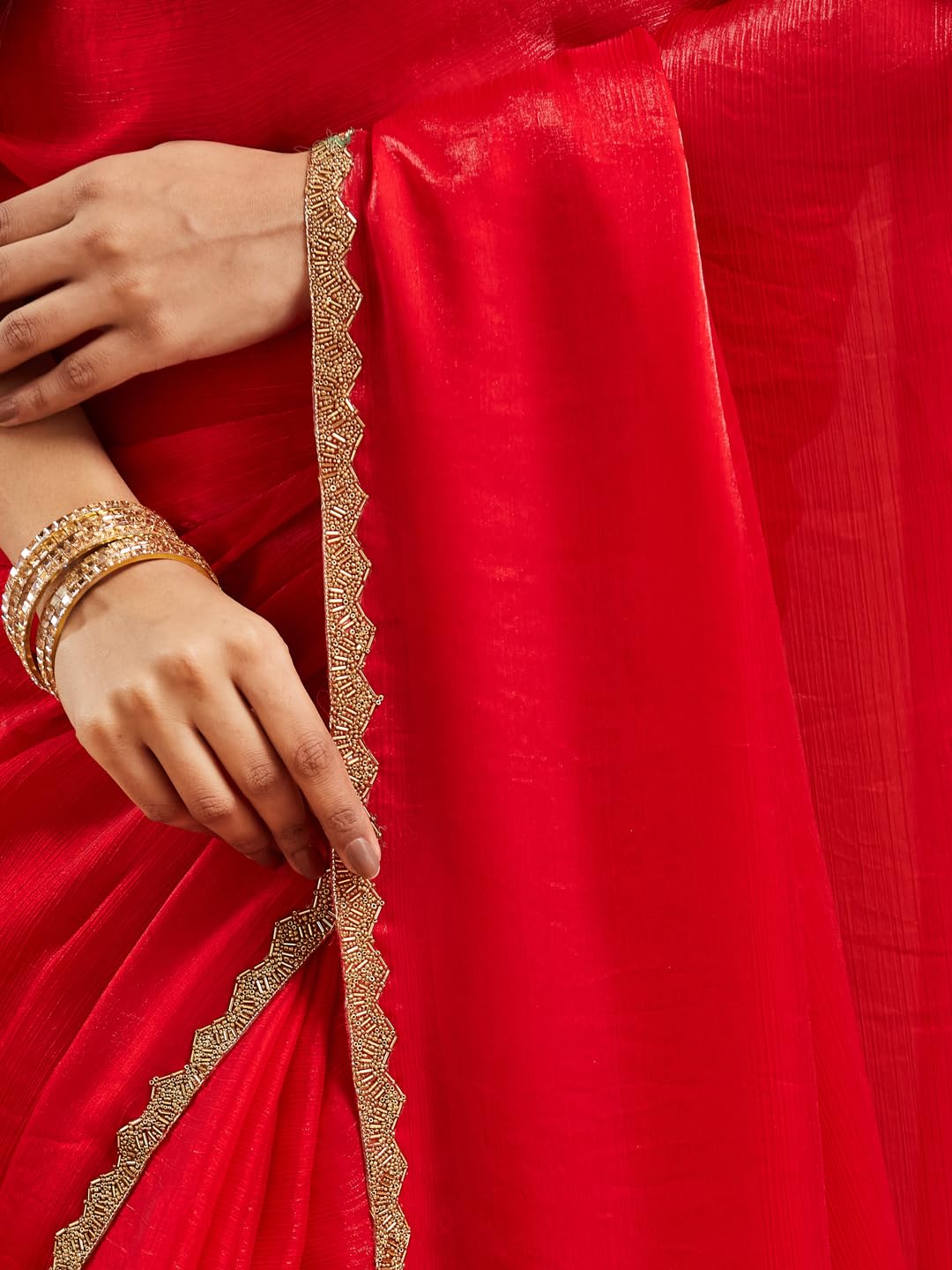 LOROFY Women's Two Tone Chiffon Saree - Red - Image 4