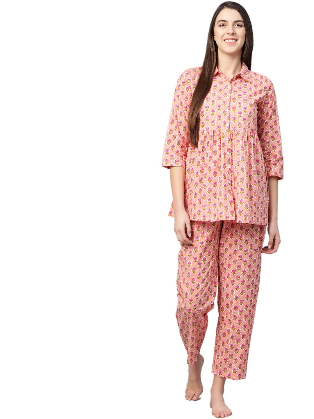 Yash Gallery Pink Floral Cotton Nightwear for Women