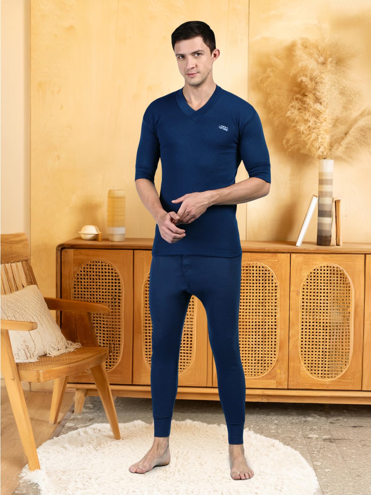 Lux Cottswool Men's V-Neck Thermal Top - Blue - Image 5