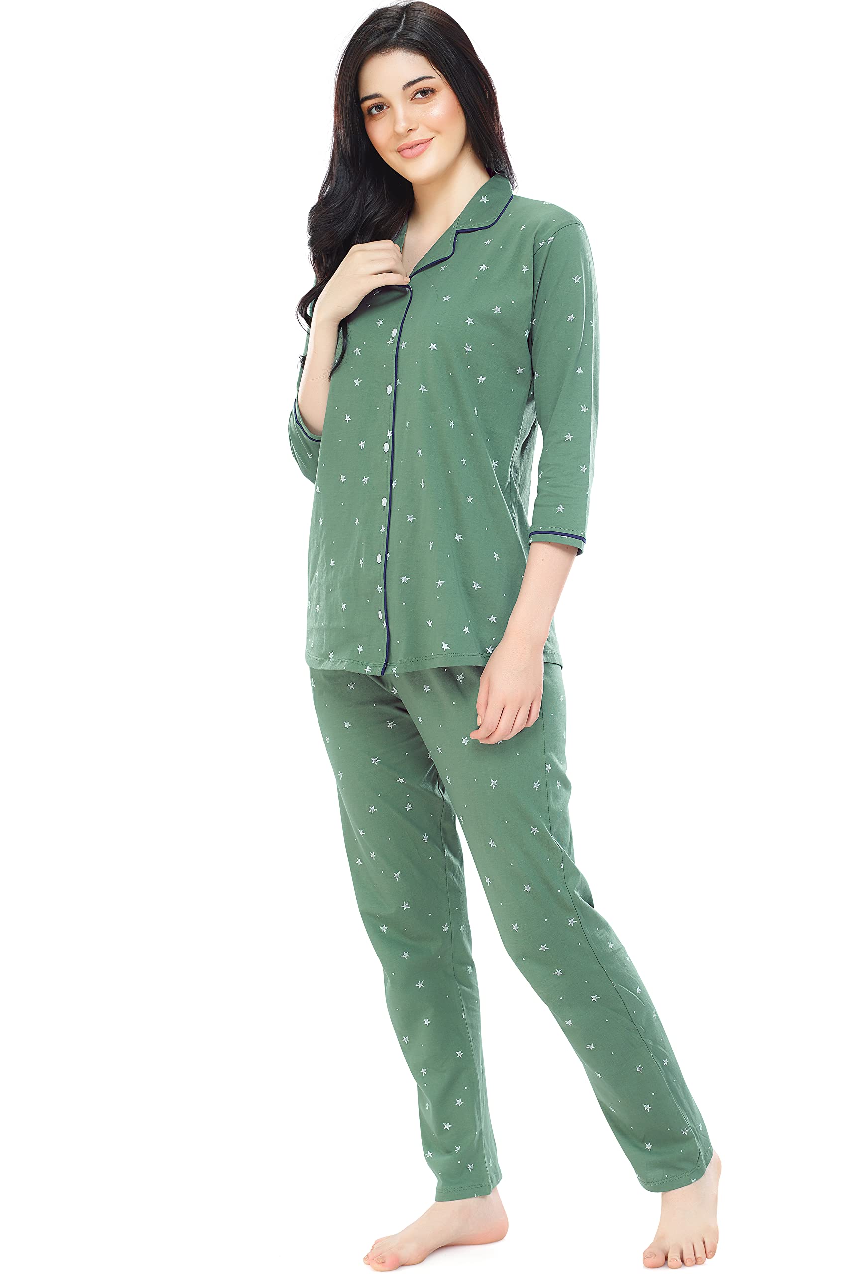 ZEYO Women's Cotton Star Printed Green Night Suit - Image 4
