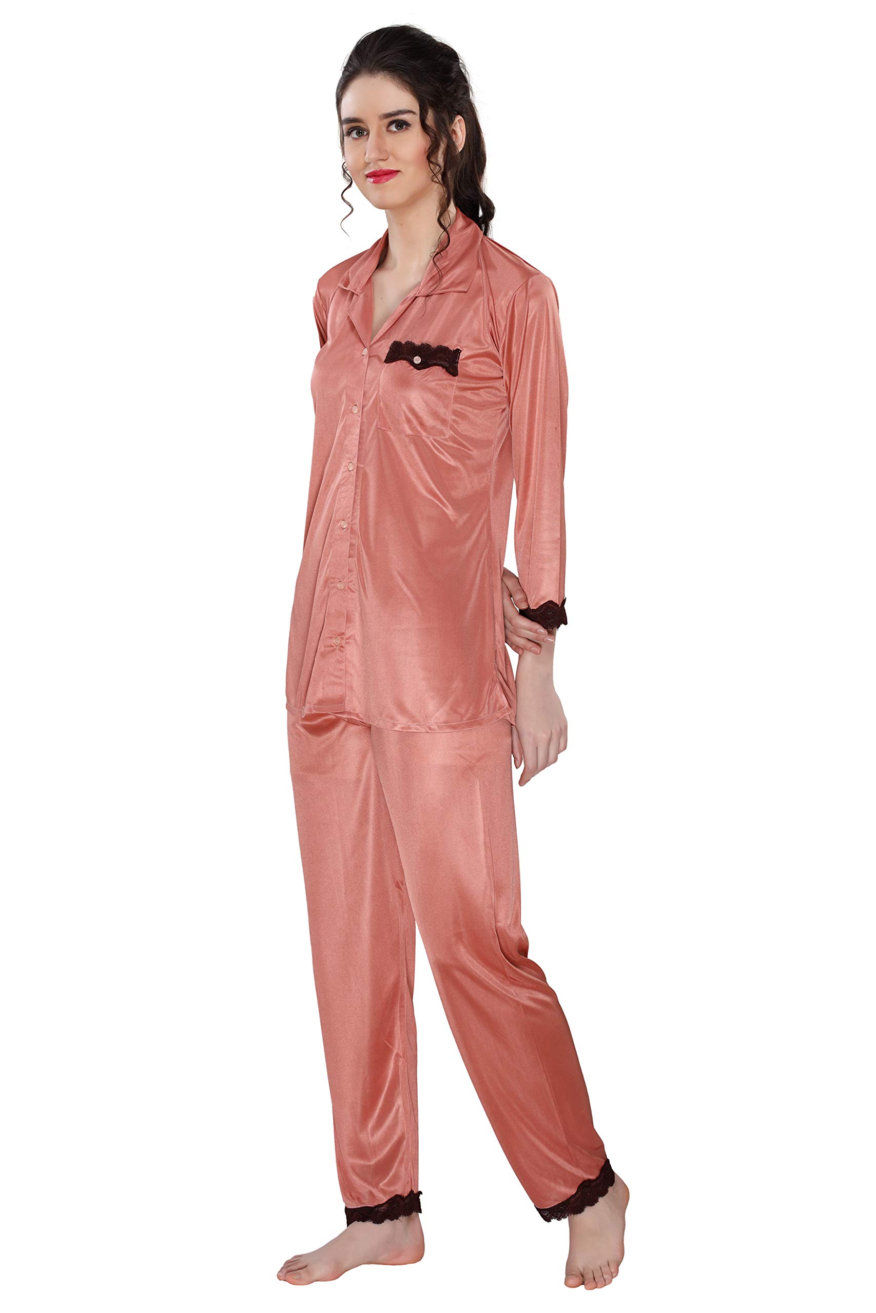 AV2 Women's Satin Solid Pajama Set - Peach - Image 3