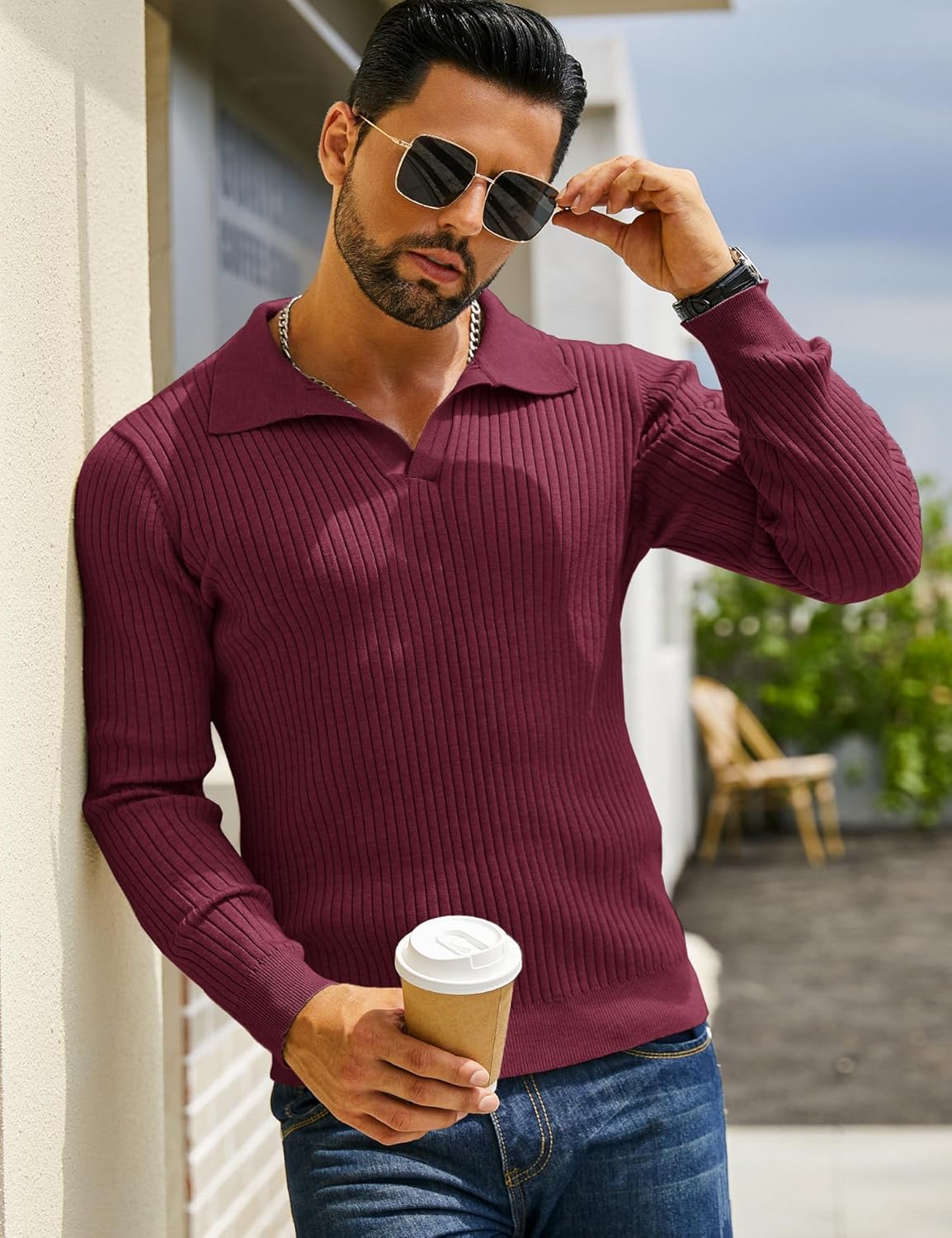 DENIMHOLIC Men's Cotton Polo Sweater - Wine - Image 4