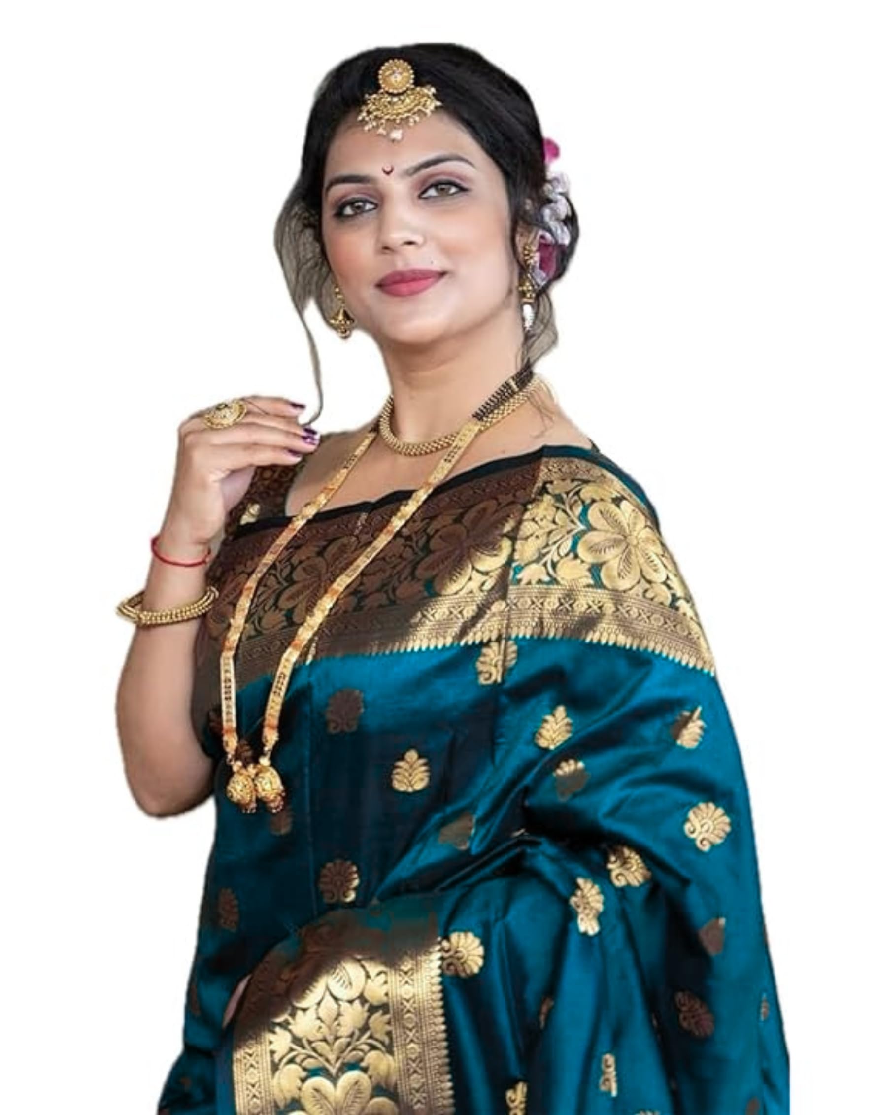 C J Enterprise Women's Banarasi Kanjivaram Silk Saree - Peacock Blue