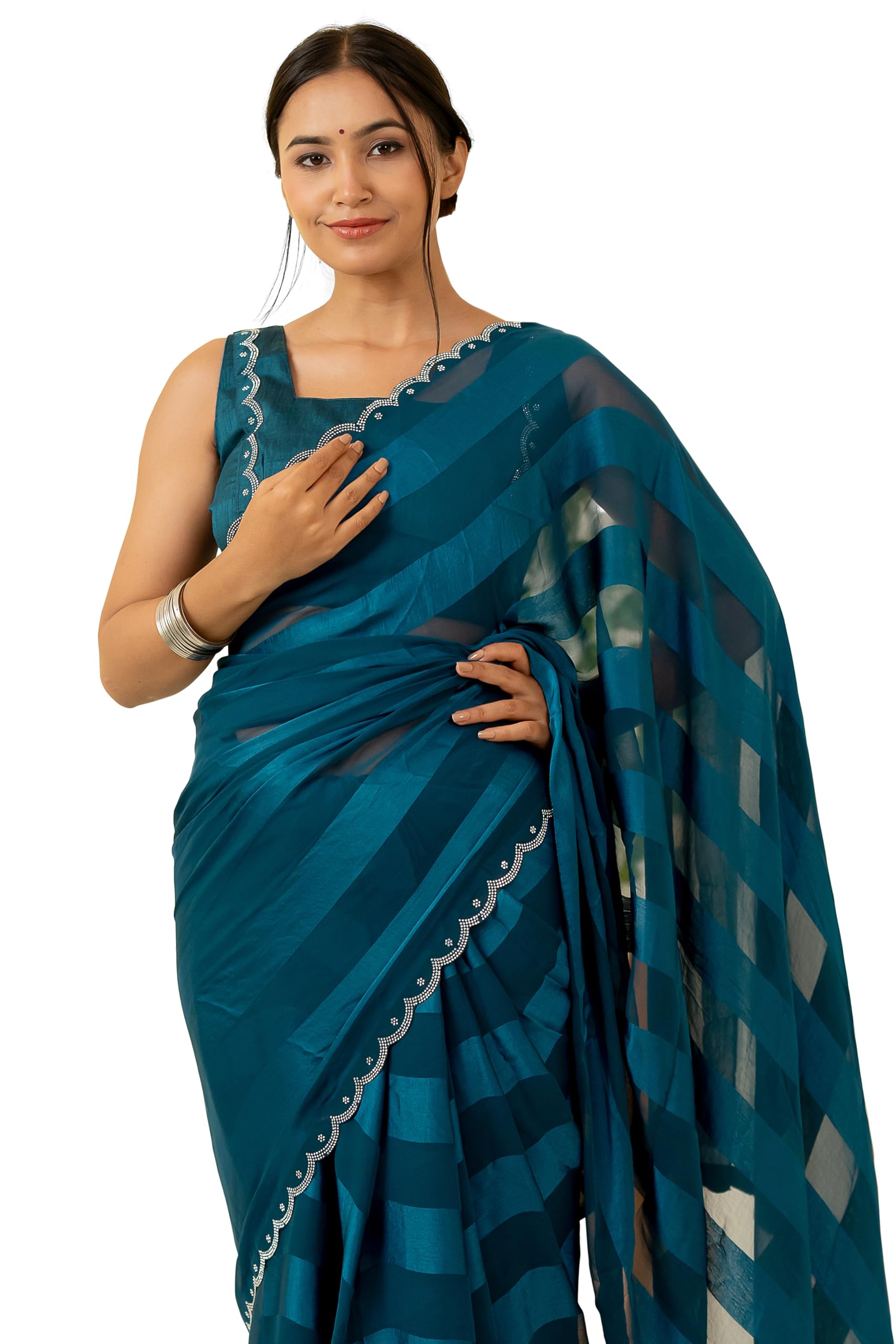 Subham Women Georgette Satin Saree - Dark Rama Blue
