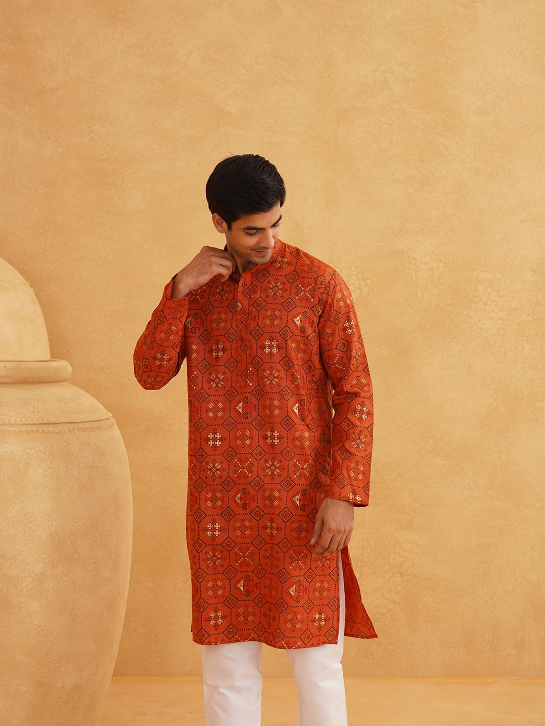 SOJANYA Men's Cotton Blend Kurta - Orange - Image 2