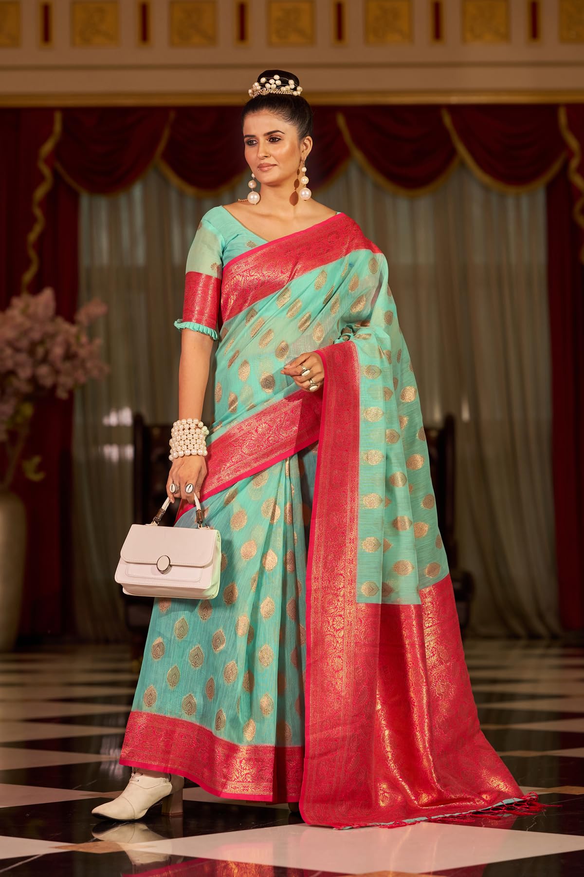 SWORNOF Kanjivaram Banarasi Silk Saree for Women - Sky Blue - Image 2