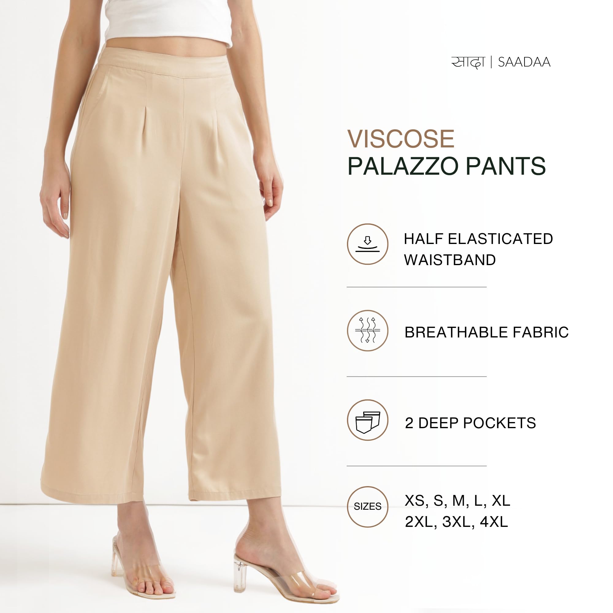 SAADAA Palazzo Pants for Women - Beige - Image 3