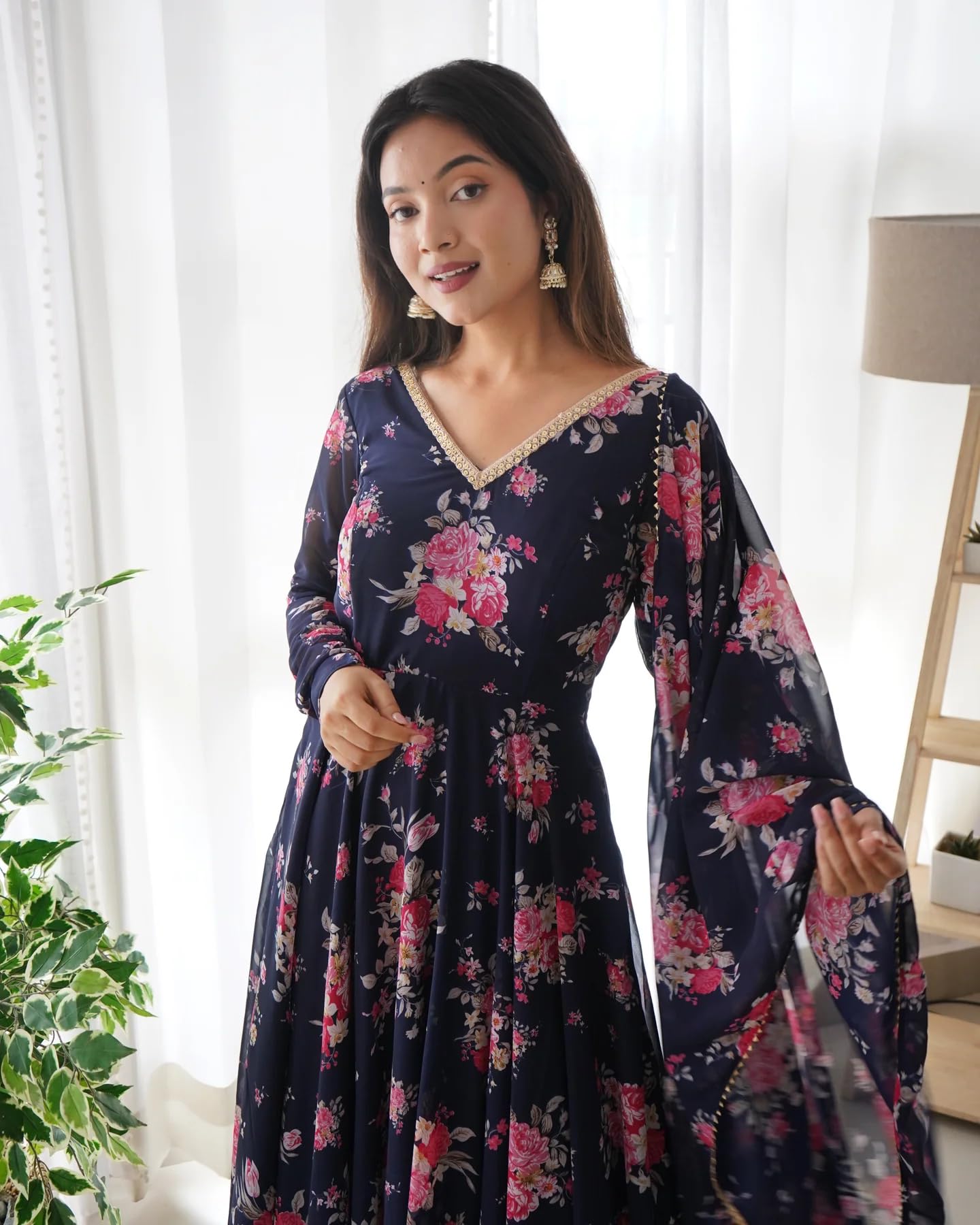 GarbGlide Women Floral Anarkali Kurta - Navy - Image 2