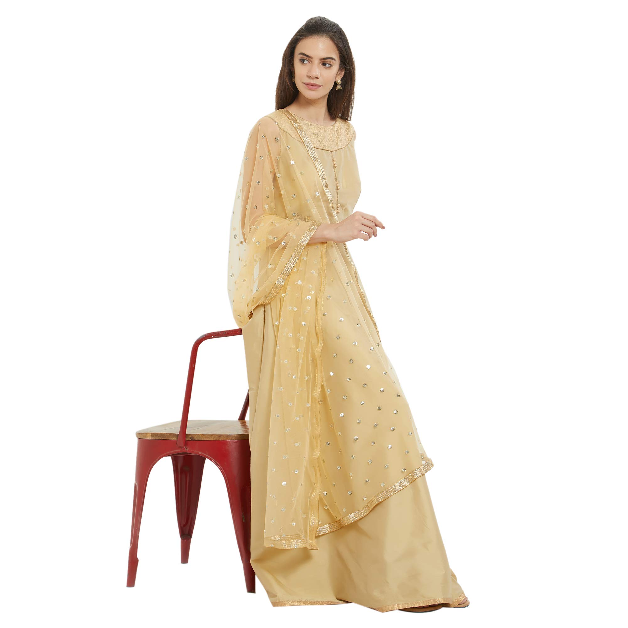 DUPATTA BAZAAR Woman Embellished Beige Net Dupatta - Image 3