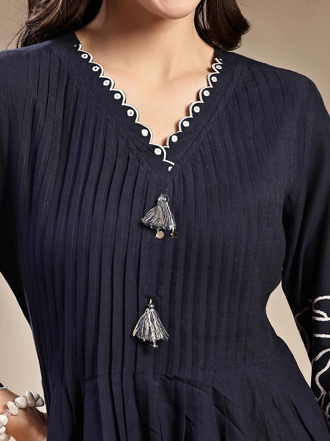 Navy Blue Embroidered Cotton Kurti Pant Set for Women - Image 4