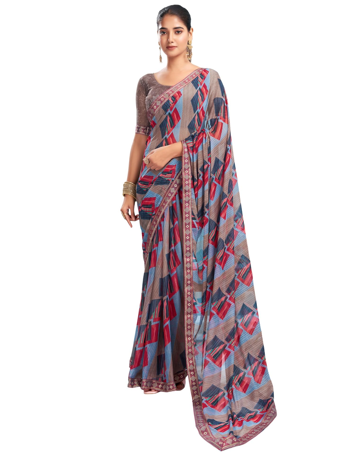 SIRIL Women's Chiffon Printed Saree - Brown
