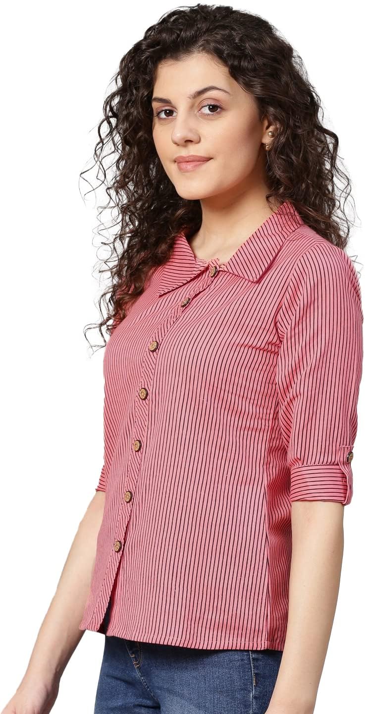 Yash Fashion Women's Cotton Stripe Printed Straight Top - Pink - Image 2