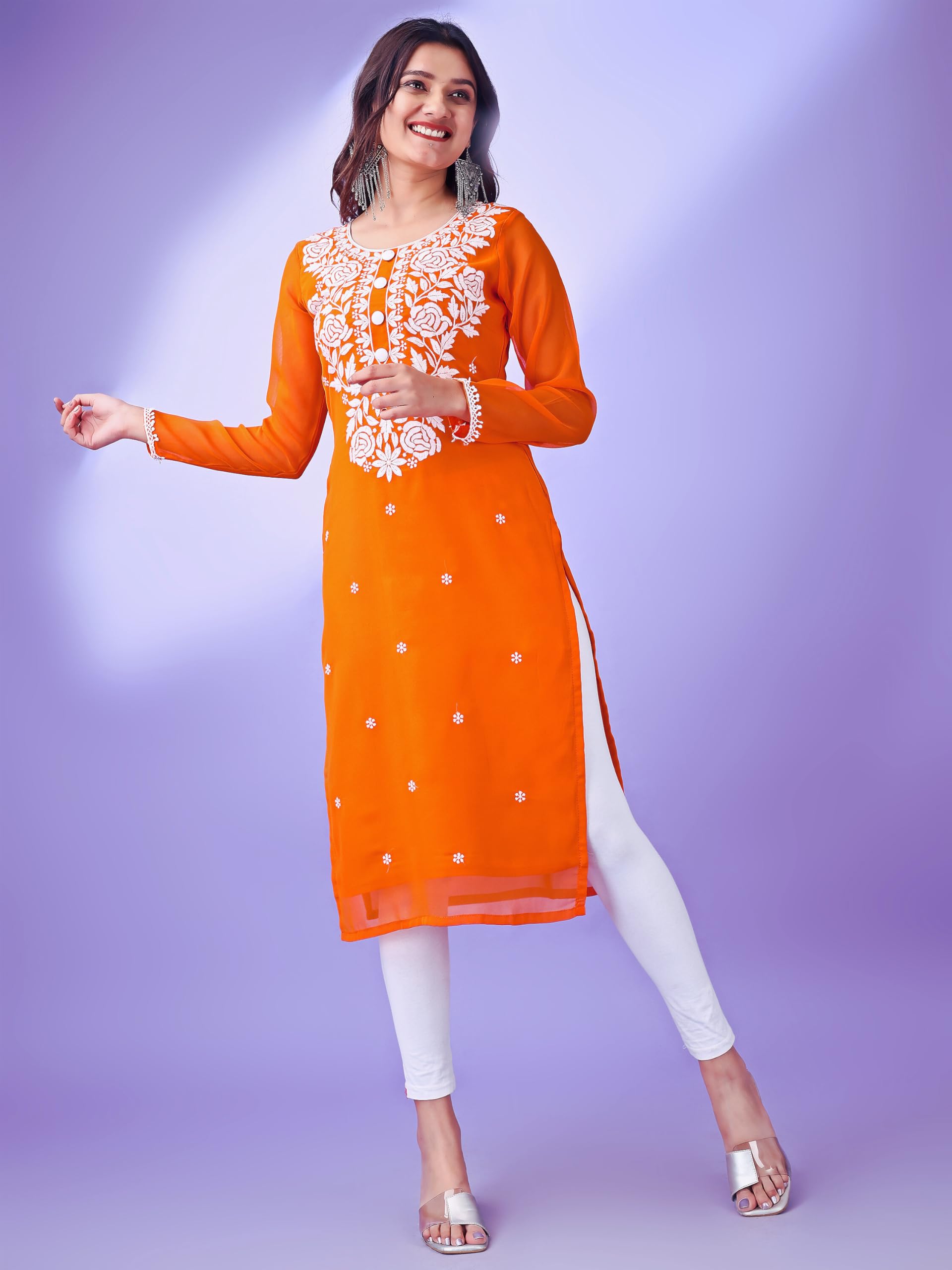 HESVI Women Georgette Kurti White Chikankari - Image 4